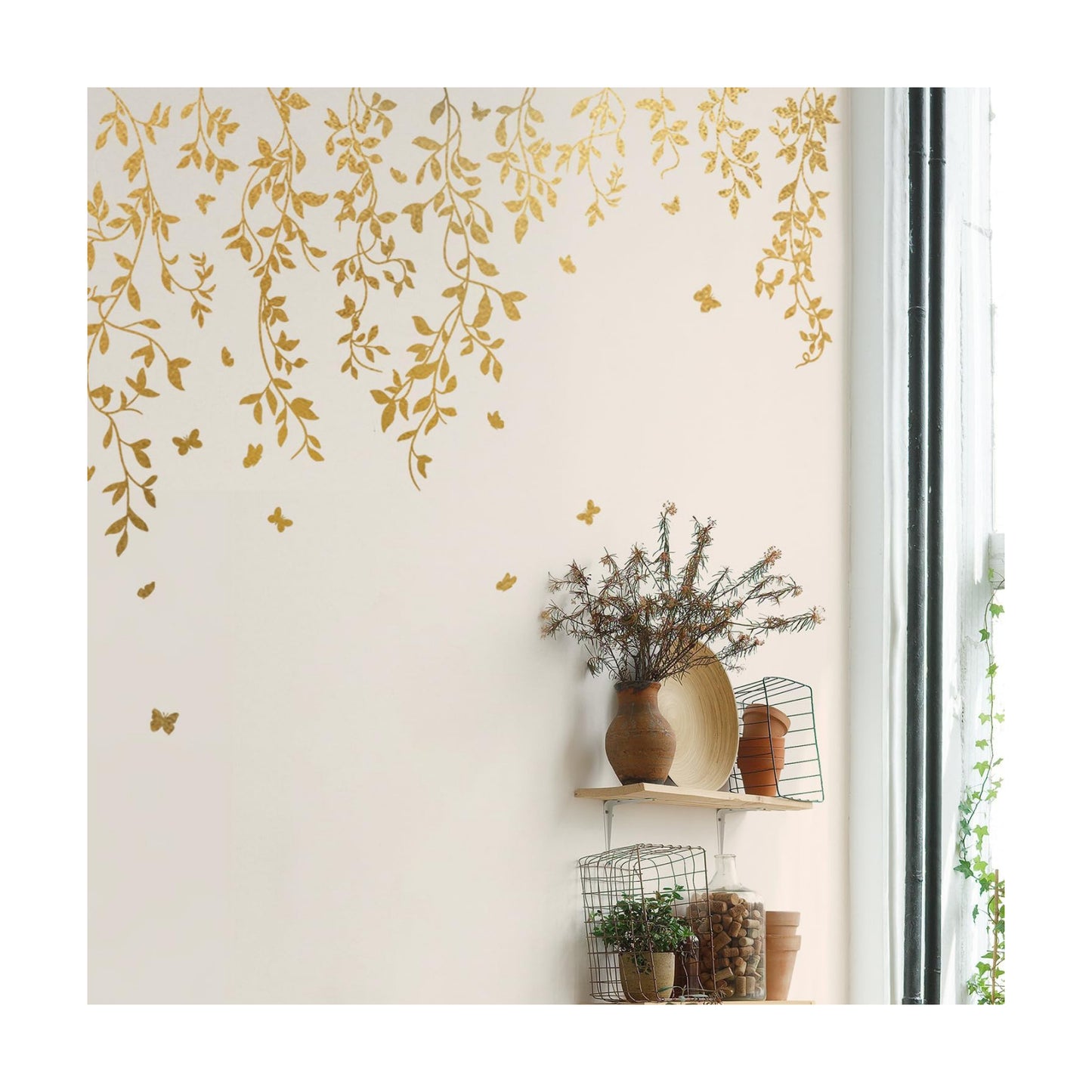 Metallic Wall Decals Peel and Stick Large Wall Stickers Large Sketch Minimal / Hanging Vines / Gold