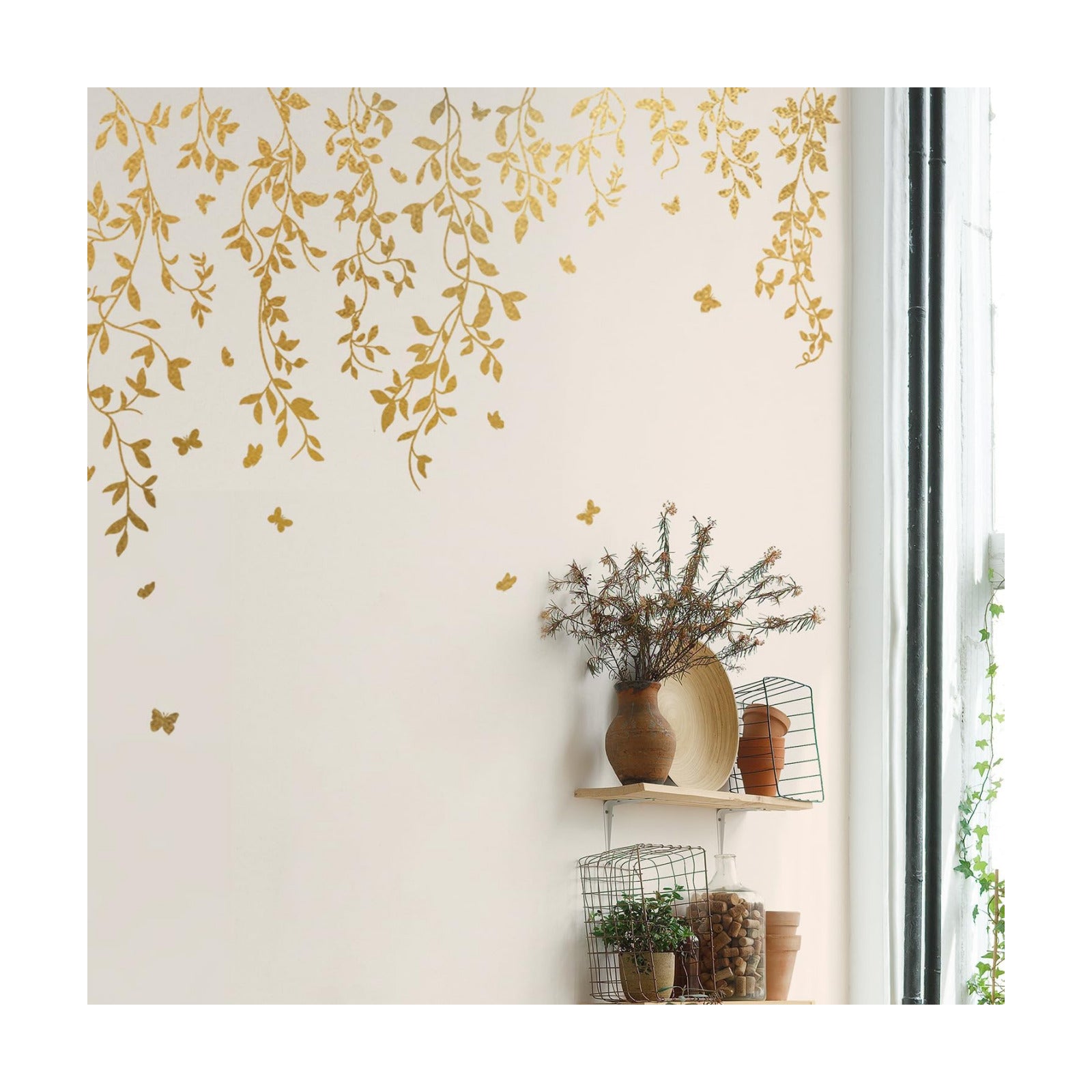 Metallic Wall Decals Peel and Stick Large Wall Stickers Large Sketch Minimal / Hanging Vines / Gold