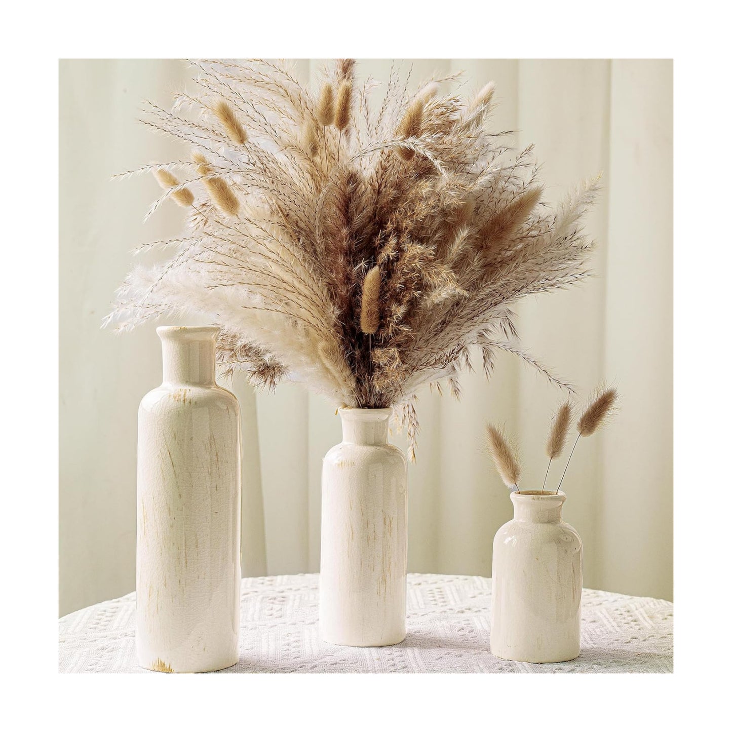 3 White Ceramic Vases / Beige
