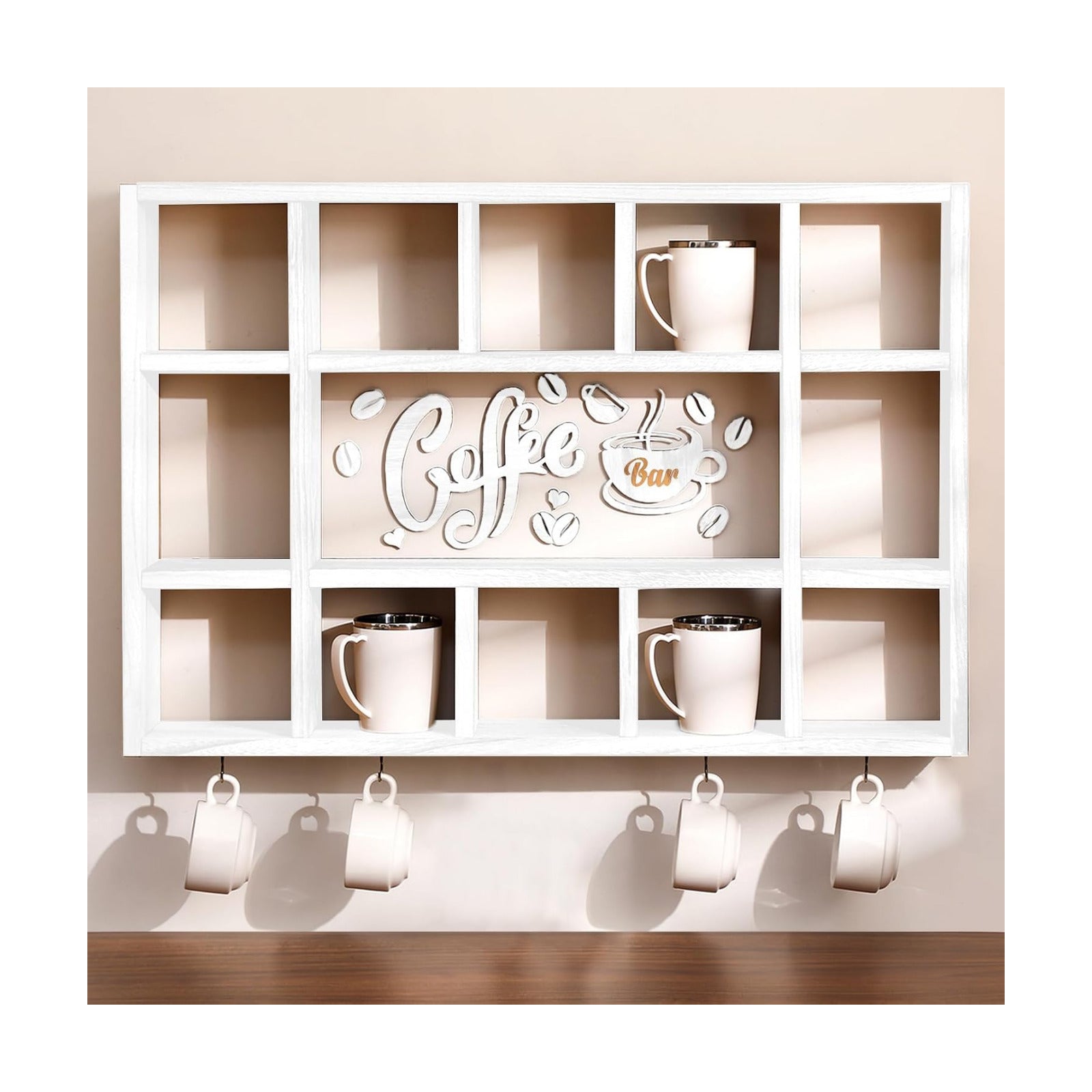 Cinnvoice Oversize Coffee Mug Display Shelf for Wall, Old White | Wood Coffee Mug Rack, Wall Mounted Shelf, Cubes Cup