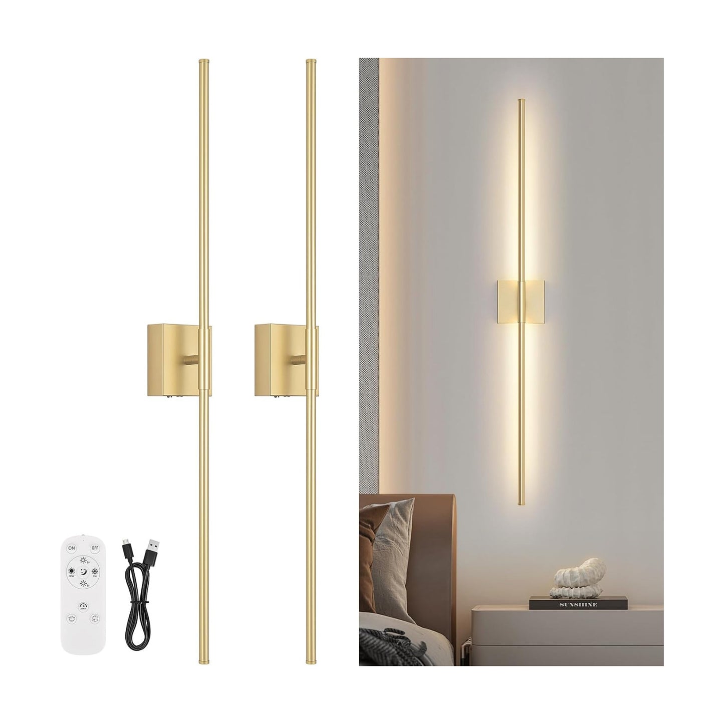 Battery Operated Wall Sconce Set of Two with Remote Control, 3000K-6000K Dimmable Gold Wall Lights, Timable LED