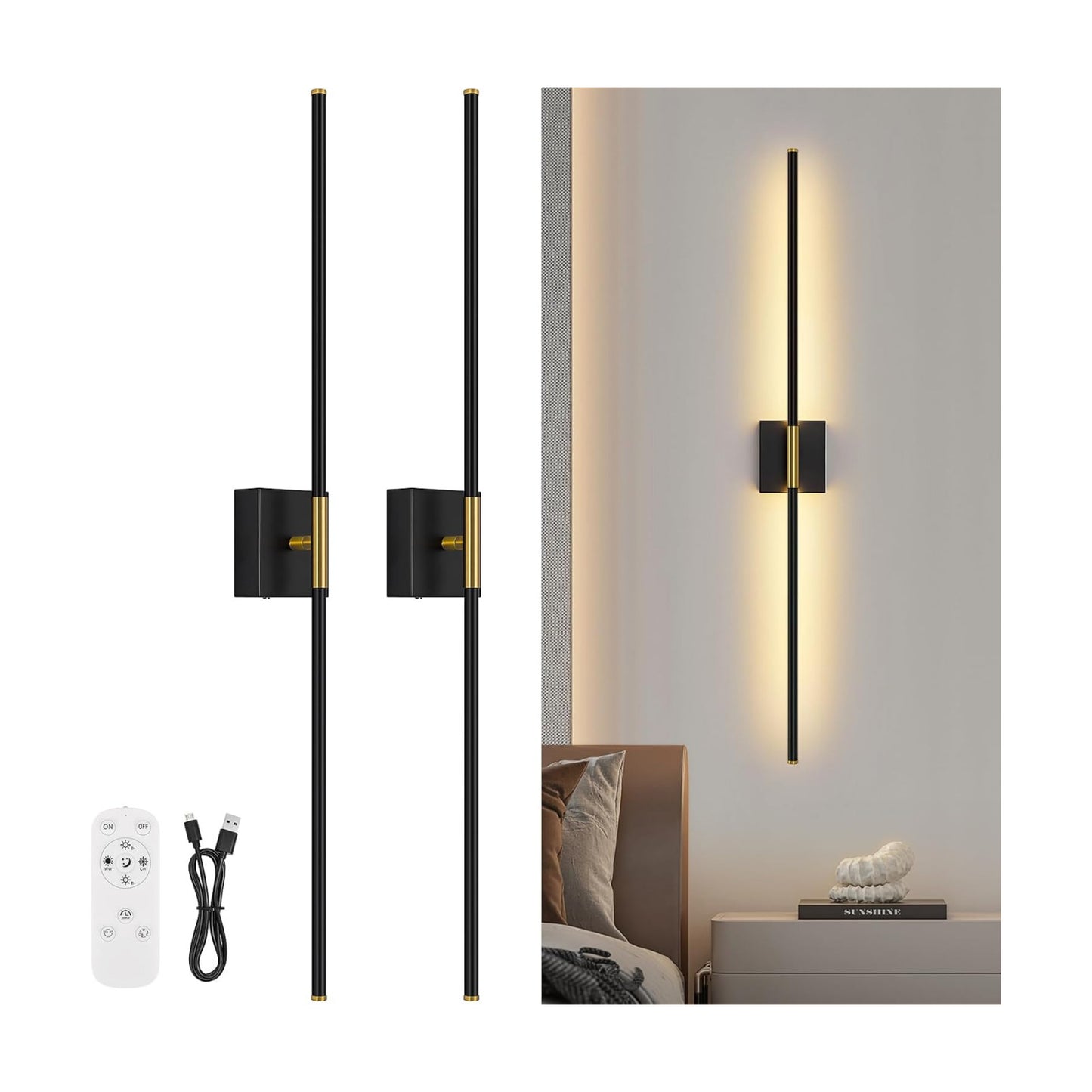 Battery Operated Wall Sconce Set of Two with Remote Control, 3000K-6000K Dimmable Black Gold Wall Lights, Timable LED