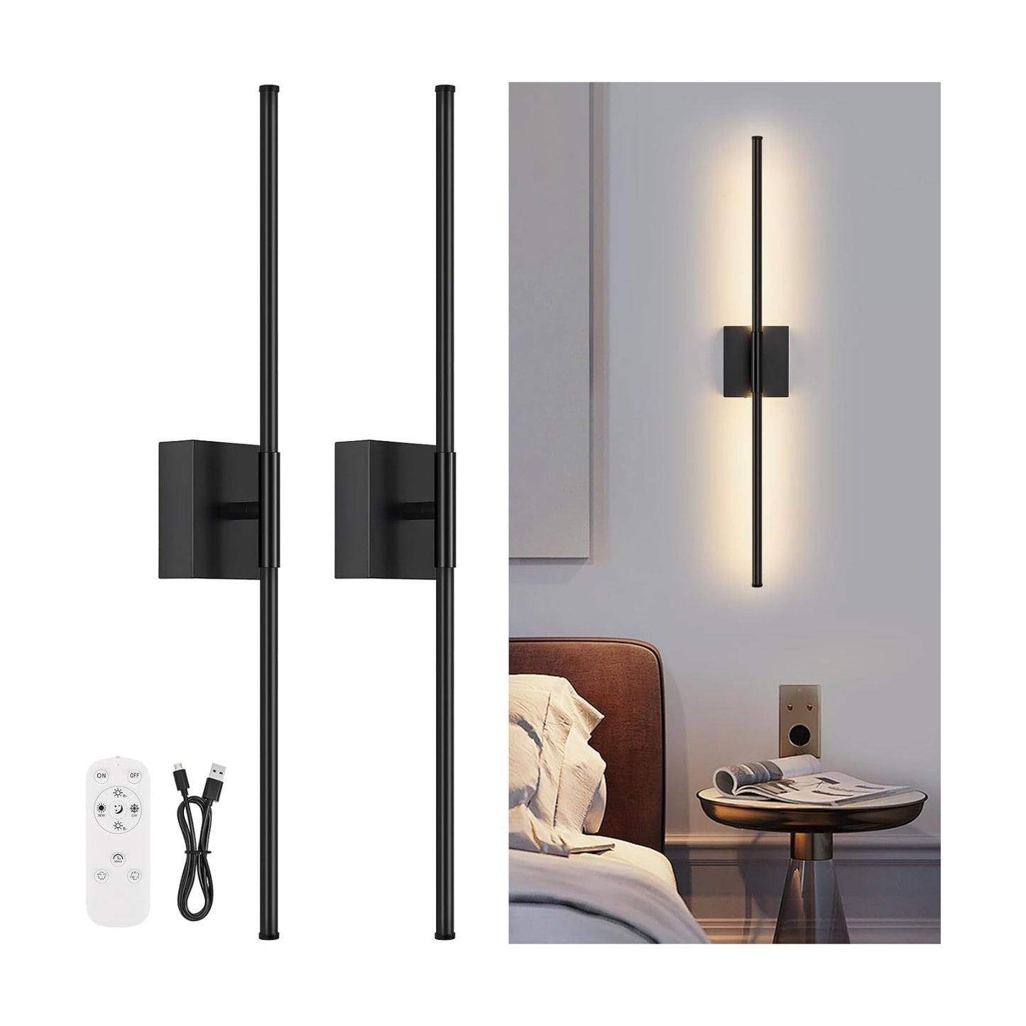 Battery Operated Wall Sconce Set of Two with Remote Control, 3000K-6000K Dimmable Black Wall Lights, Timable LED