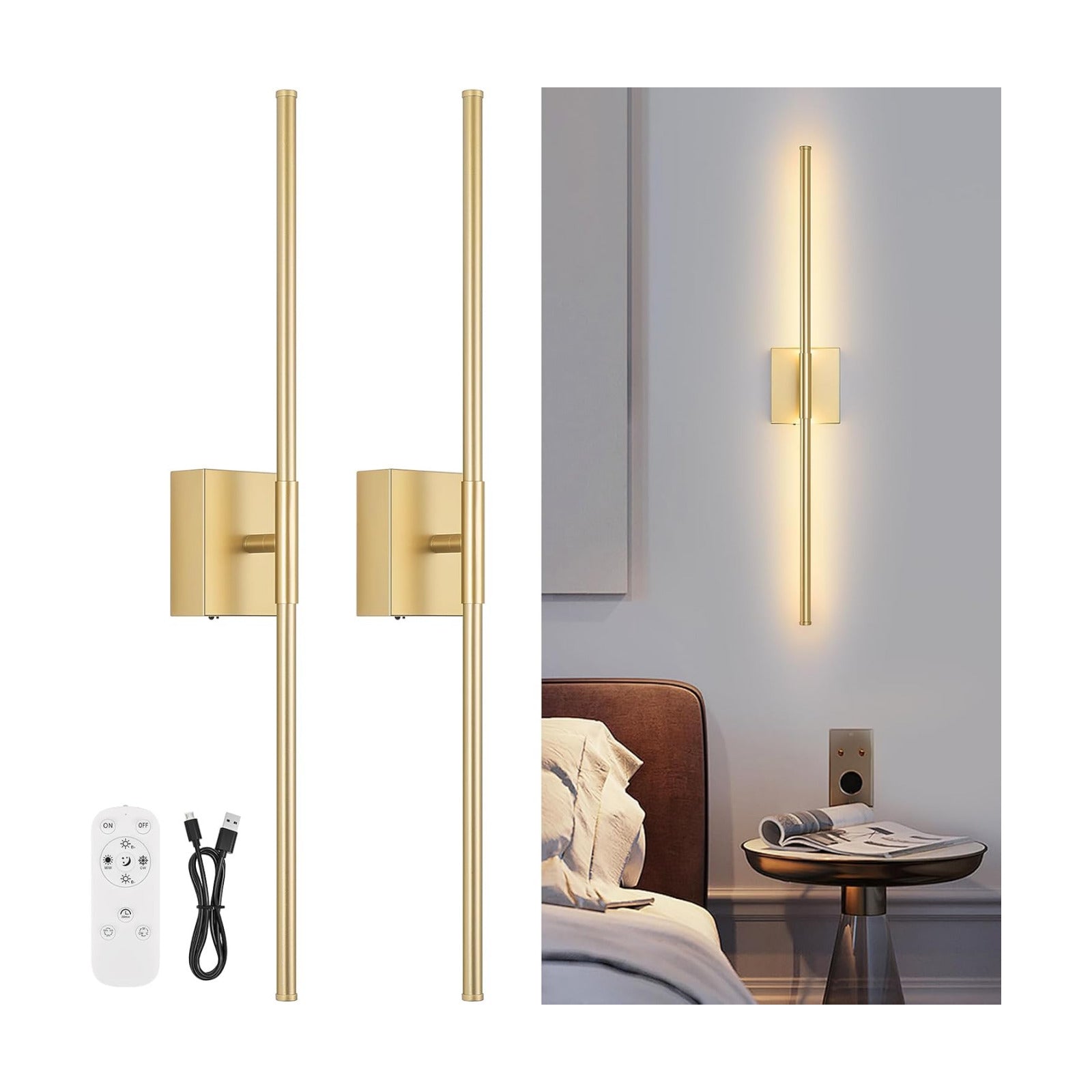 Battery Operated Wall Sconce Set of Two with Remote Control, 3000K-6000K Dimmable Gold Wall Lights, Timable LED