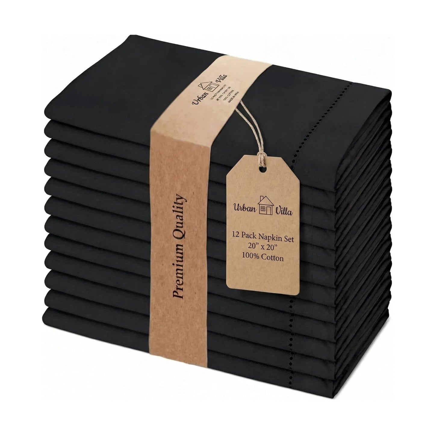 Urban Villa Hemstitch Cloth Dinner Napkins Cotton 20”x20” (Set of 12)-Black
