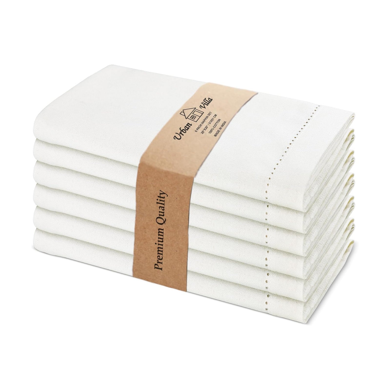 Urban Villa Hemstitch Cloth Dinner Napkins Cotton 20”x20” (Set of 6)- Ivory