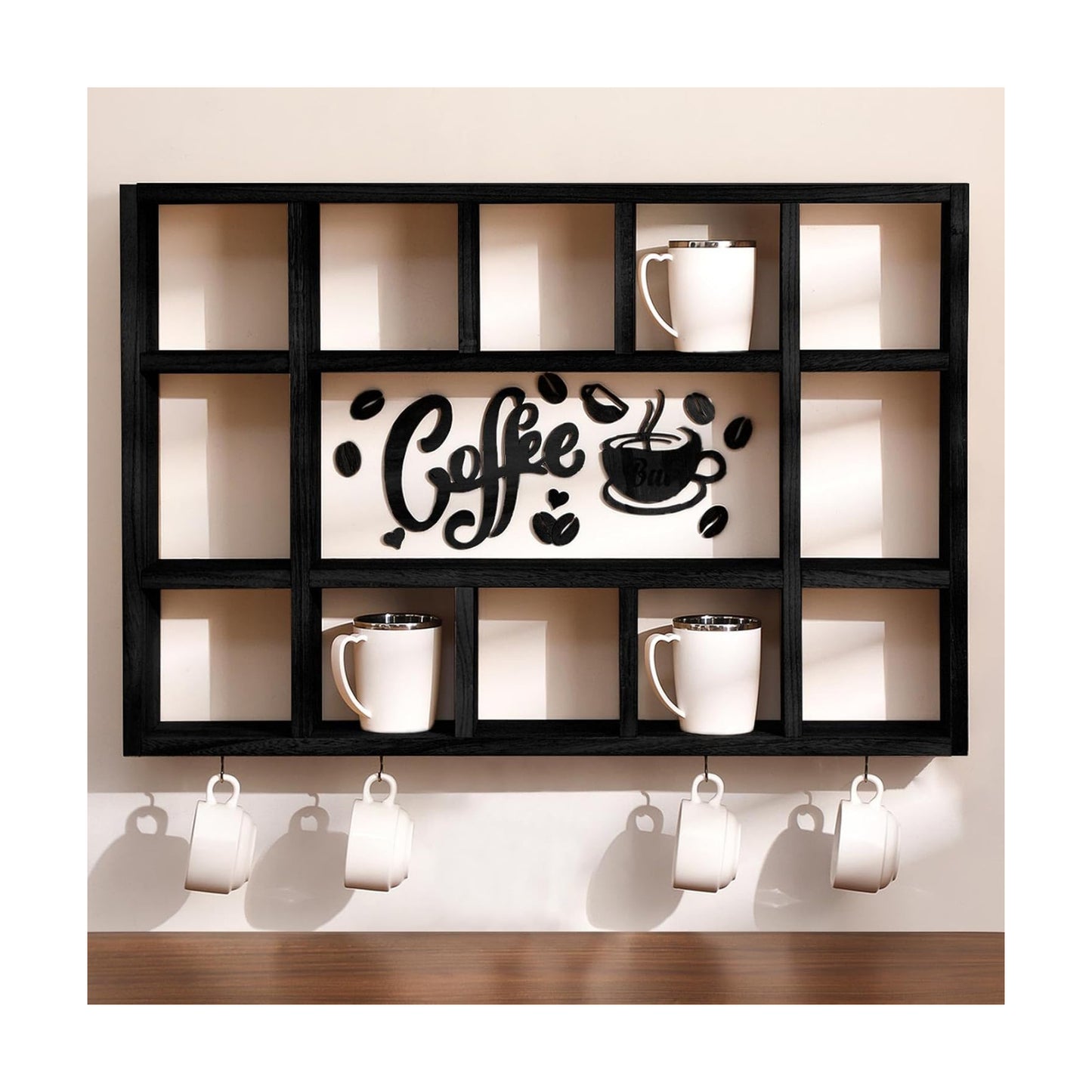 Cinnvoice Oversize Coffee Mug Display Shelf for Wall, Black | Wood Coffee Mug Rack, Wall Mounted Shelf, Cubes Cup Hooks
