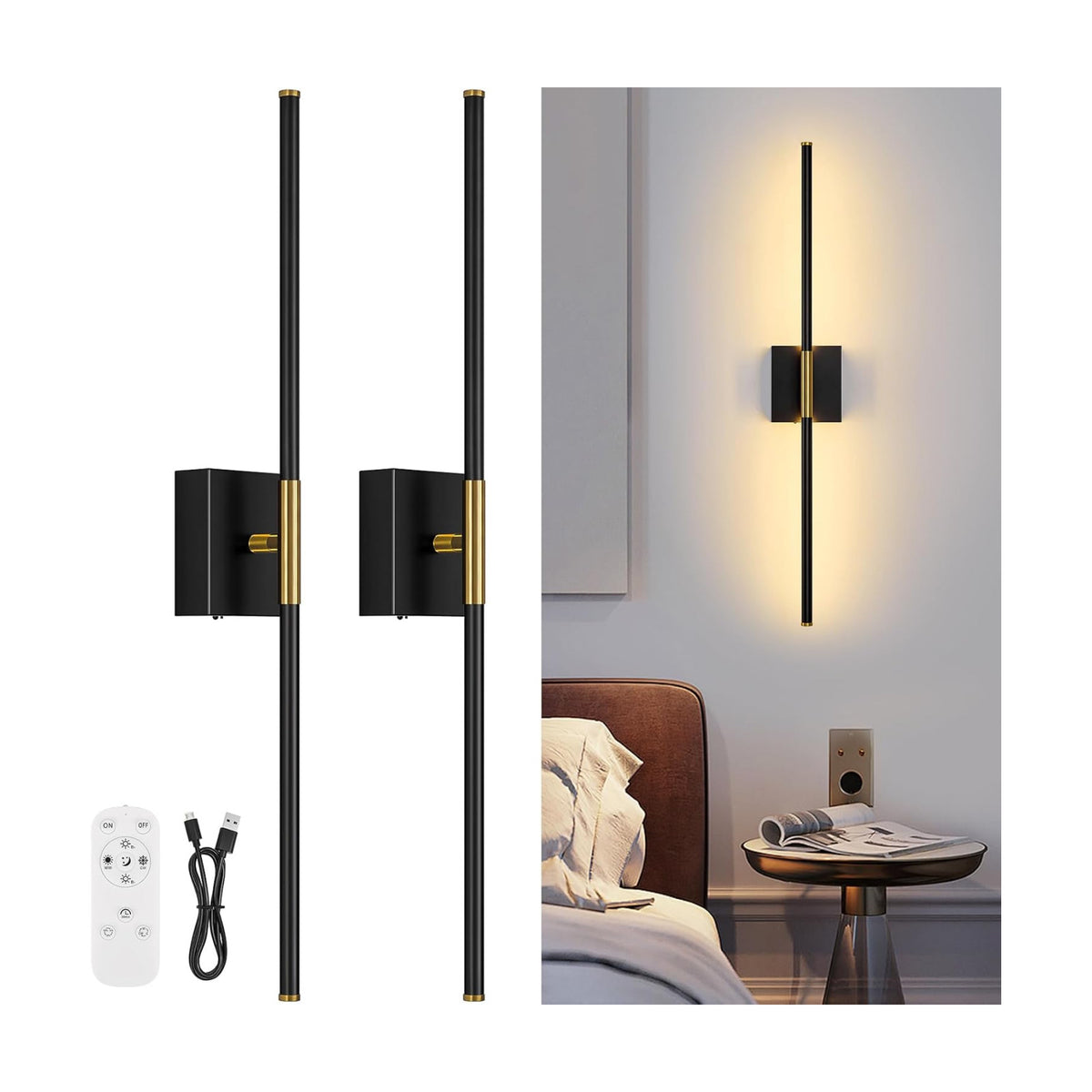 Wall Sconces Set of Two with Remote Control 29.1 in Dimmable Black Gold Battery Operated Wall Lights 350° Ratation