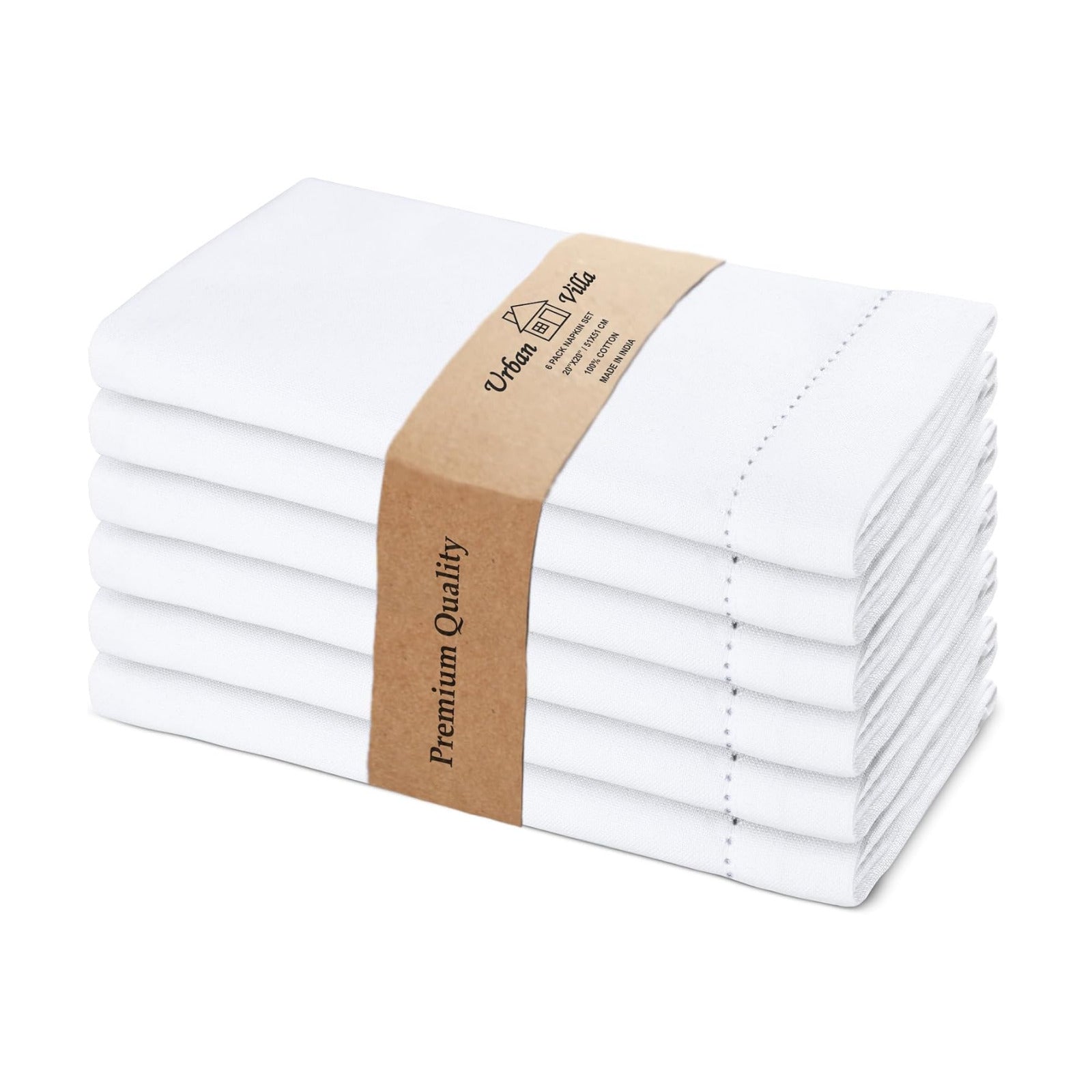 Urban Villa Hemstitch Cloth Dinner Napkins Cotton 20”x20” (Set of 6)-White
