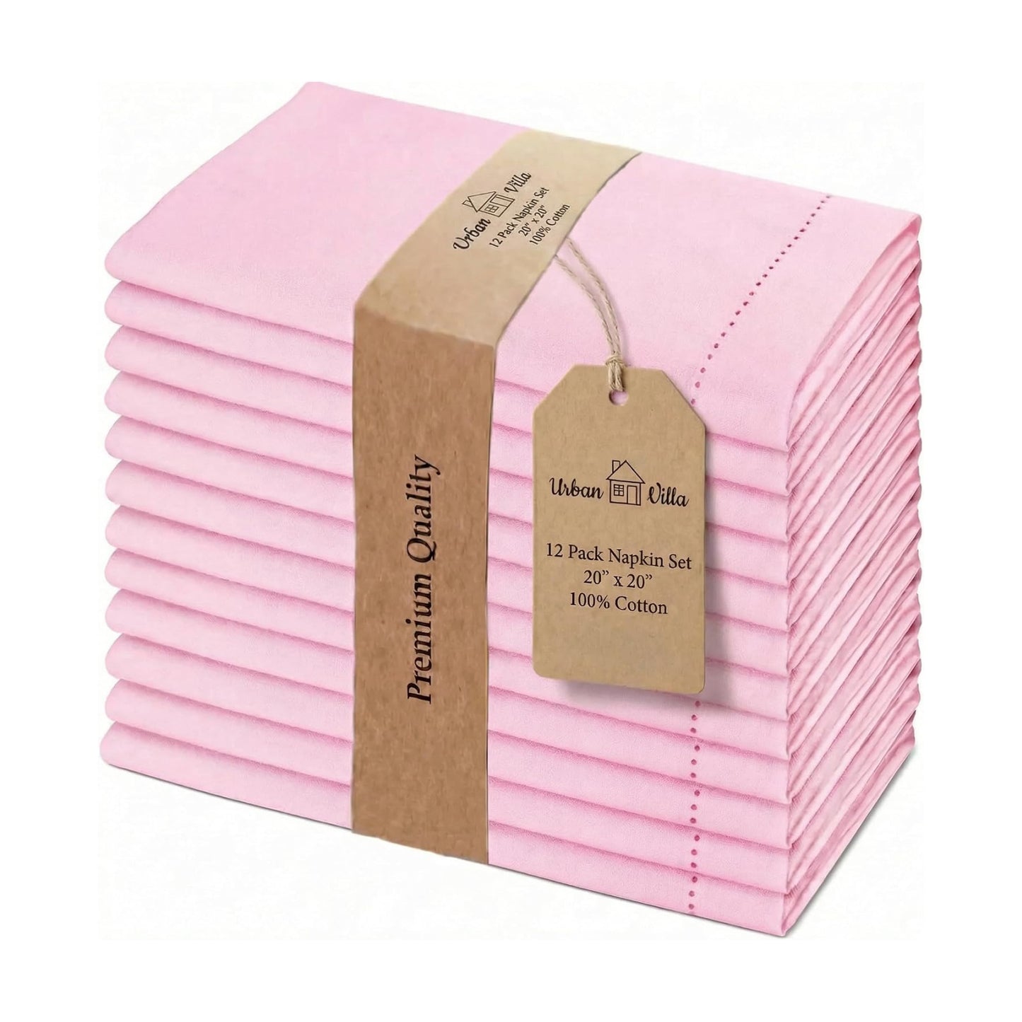 Urban Villa Hemstitch Cloth Dinner Napkins Cotton 20”x20” (Set of 12)-Pink