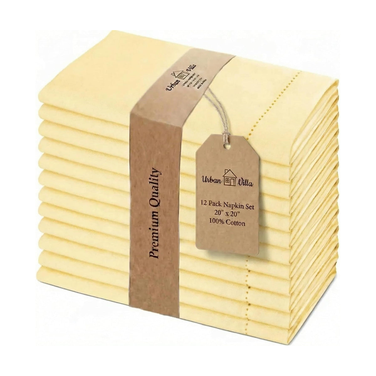 Urban Villa Hemstitch Cloth Dinner Napkins Cotton 20”x20” (Set of 12)-Yellow