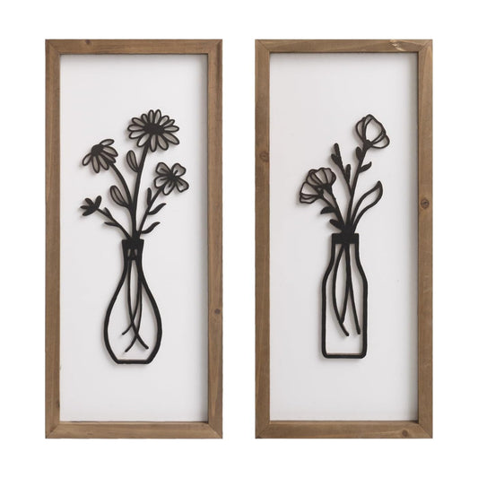 3D Wooden Flower Wall Art / White-black / 15.7 x 7.1 / Set of 2