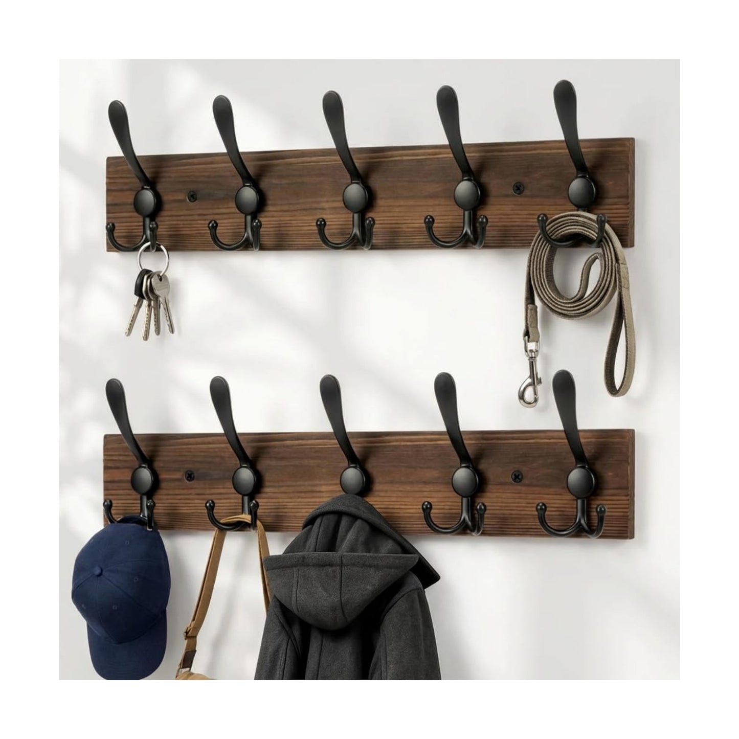 Wooden Coat Rack Wall Mount Heavy Duty, 2 Pack Coat Hanger Wall Mount with 5 Triple Hooks for Clothes, Jacket, Hat