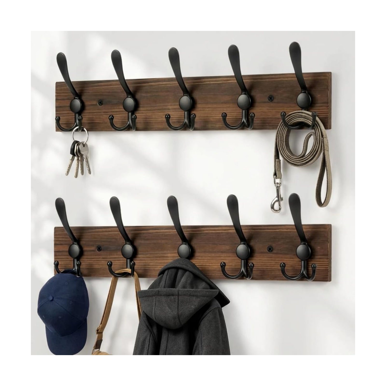 Wooden Coat Rack Wall Mount Heavy Duty, 2 Pack Coat Hanger Wall Mount with 5 Triple Hooks for Clothes, Jacket, Hat