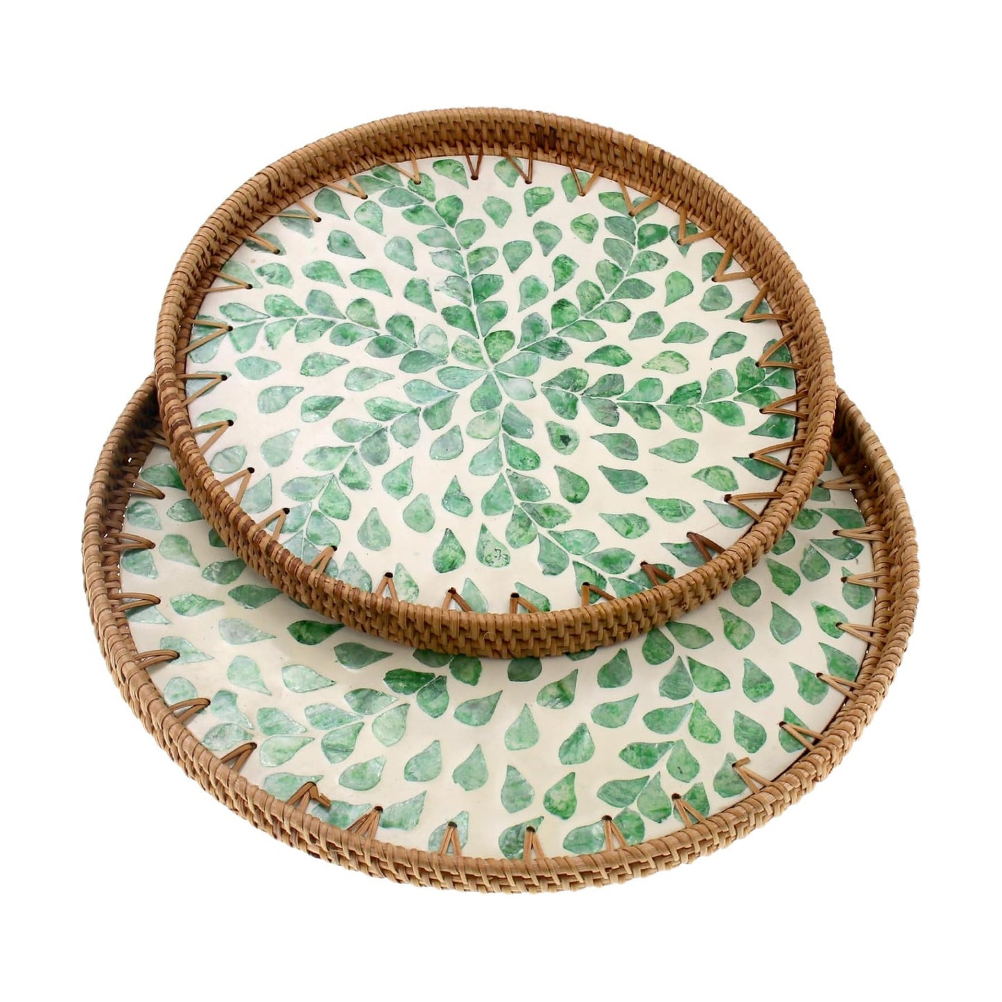 Rattan Mother of Pearl Inlay Serving Tray / Leaf Spring / Set of 2