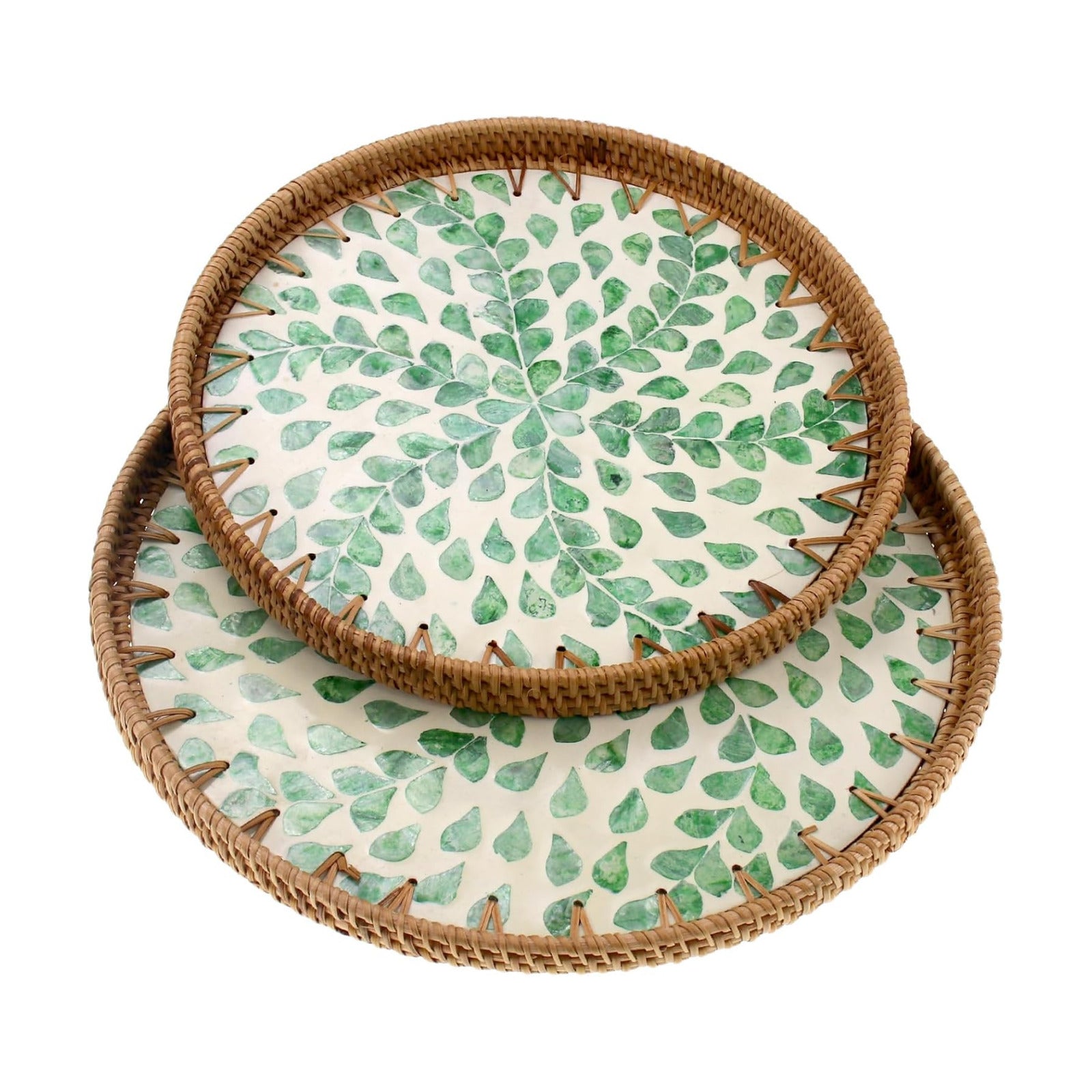 Rattan Mother of Pearl Inlay Serving Tray / Leaf Spring / Set of 2