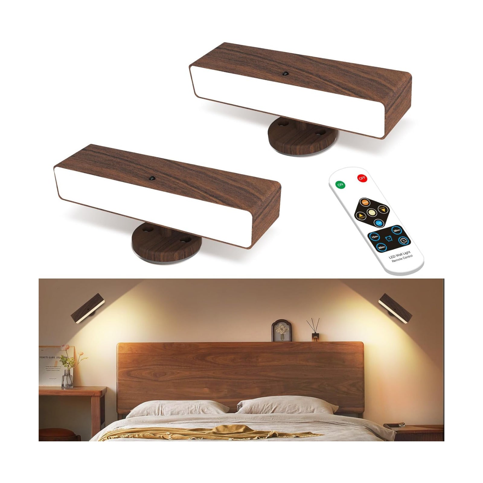 Battery Operated Wall Sconces Set of 2, Wood Rechargeable | Wireless Wall Light with Remote&Button, 360° Rotate