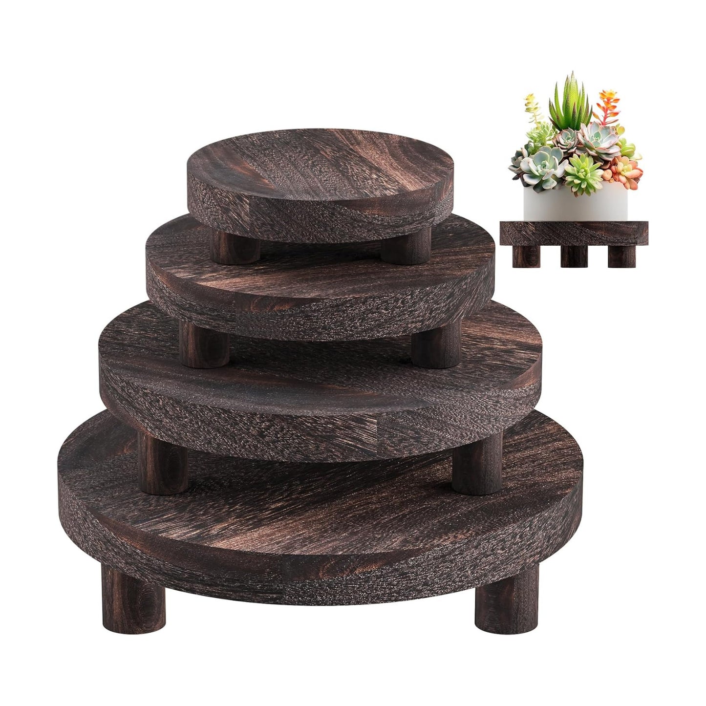 Wood Plant Stand Indoor Outdoor, 12/10/8/6" Round Wood Riser for Decor, Wooden Stool Display Stand Flower Pot Holder