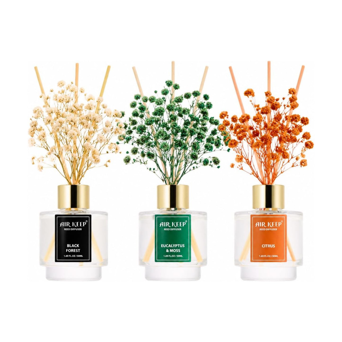 Airkeep Reed Diffuser Set of 3, Black Forest Eucalyptus Moss Citrus Oil Reed Diffusers for Bedroom Living Room Office