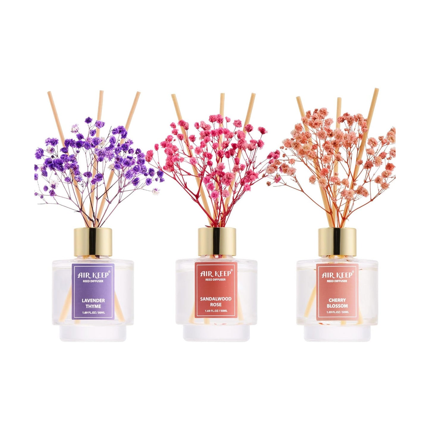 Airkeep Reed Diffuser Set of 3, Lavender Thyme Sandalwood Rose Cherry Blossom Oil Reed Diffusers for Bedroom Living