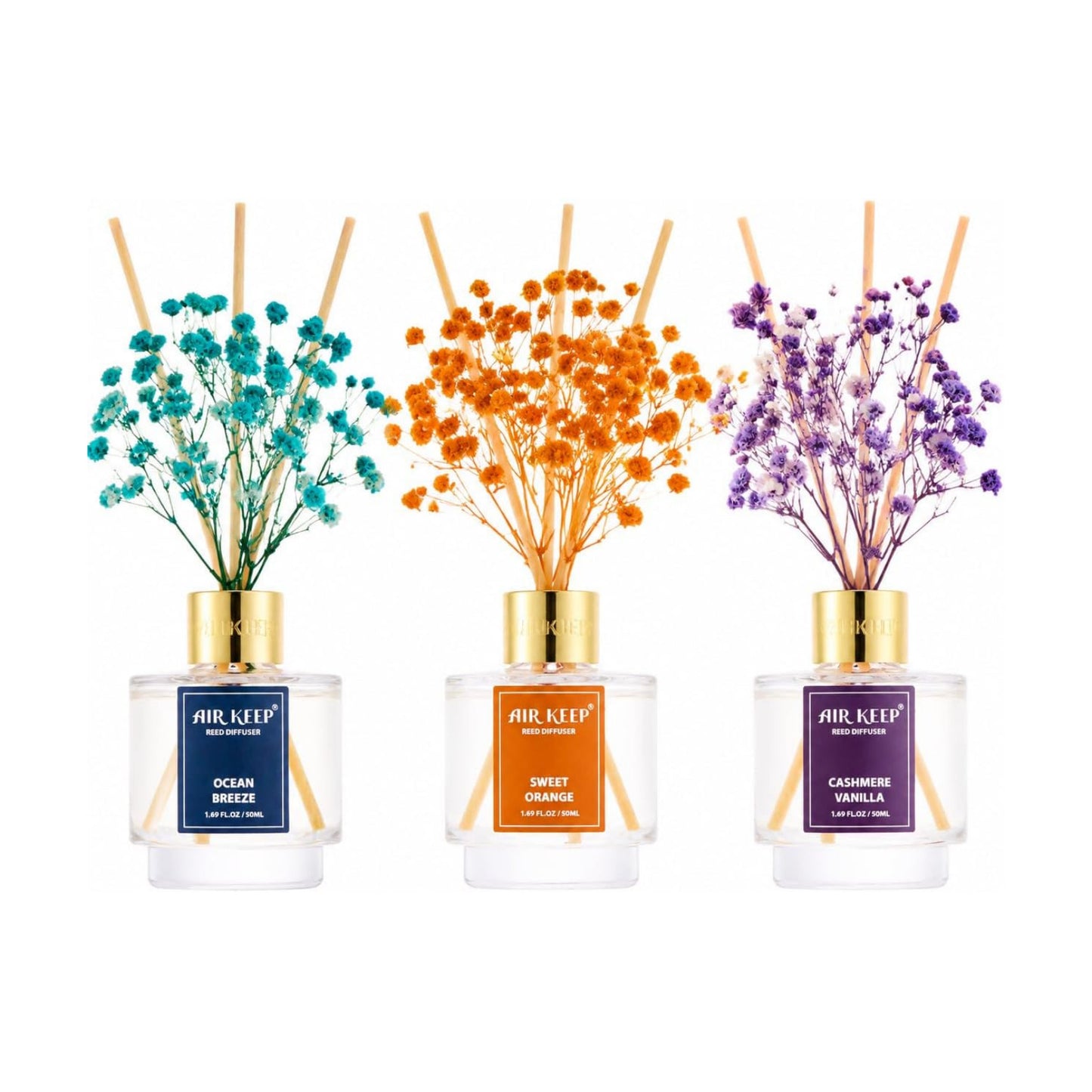 Airkeep Reed Diffuser Set of 3, Ocean Breeze Sweet Orange Cashmere Vanilla Oil Reed Diffusers for Bedroom Living Room