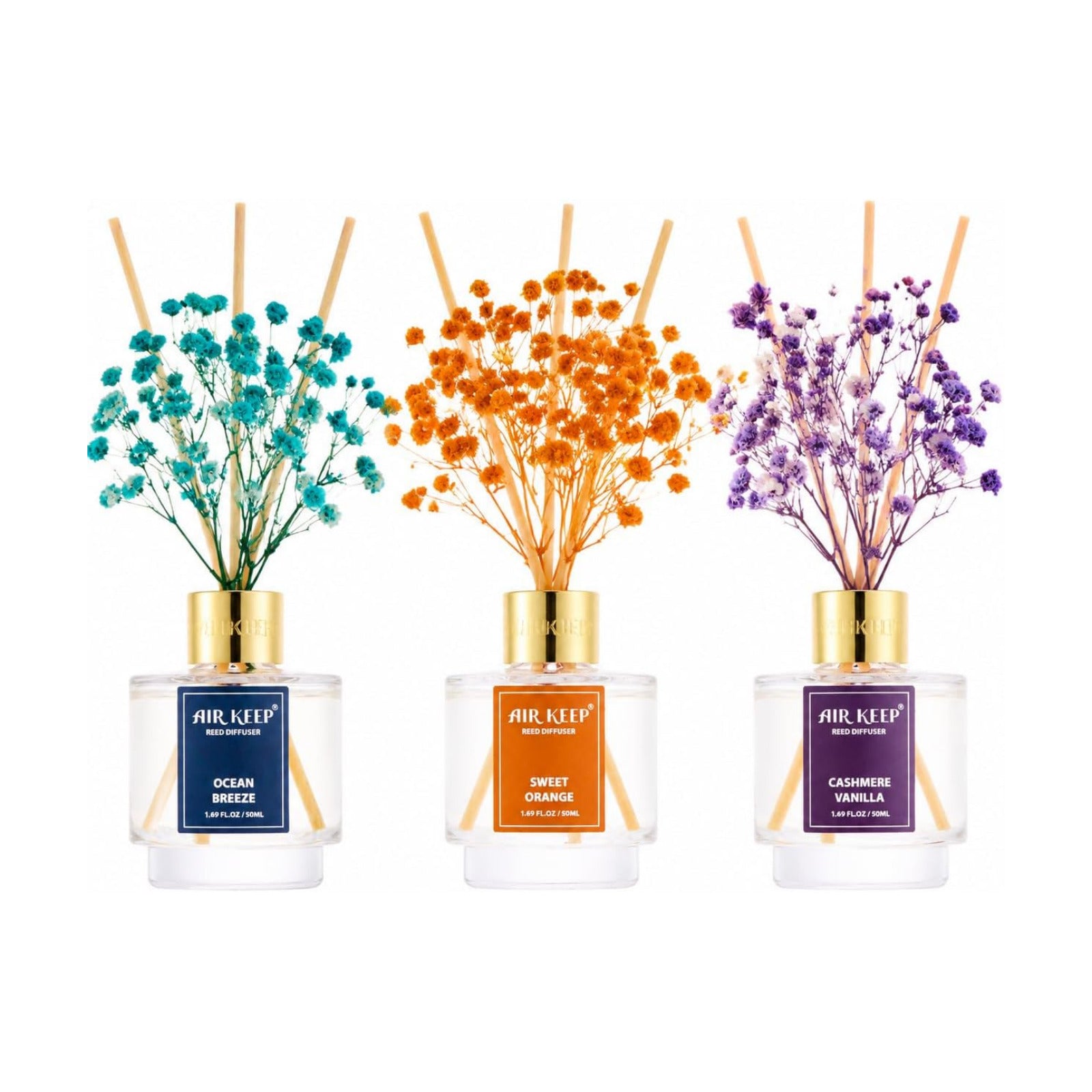 Airkeep Reed Diffuser Set of 3, Ocean Breeze Sweet Orange Cashmere Vanilla Oil Reed Diffusers for Bedroom Living Room
