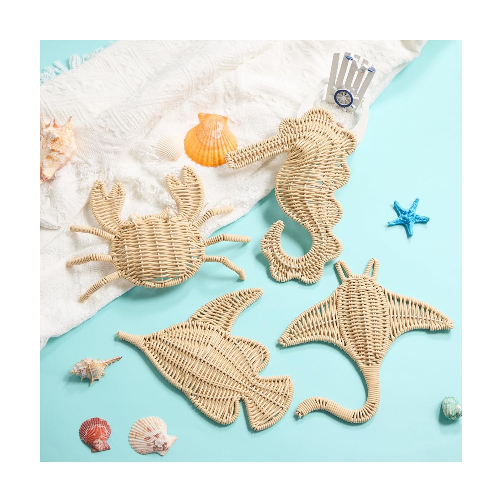 Wicker Sea Wall Decor Fish Stingray Crab Seahorse Hanging Decors Handmade Wicker Beach / Set of 4