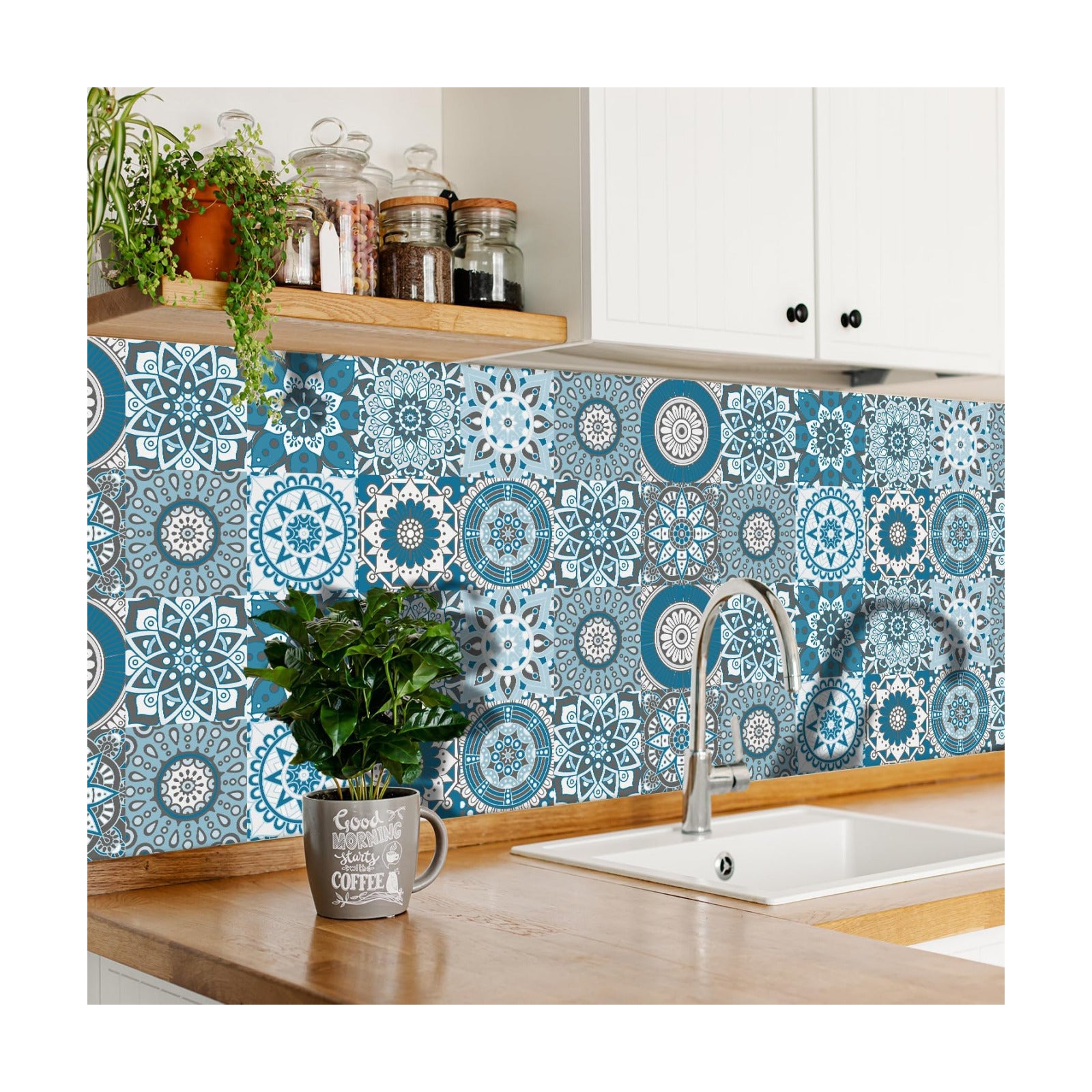 Decorative Vinyl Talavera Art Wall Tile / 6 x 6 / Cyan Mandala
