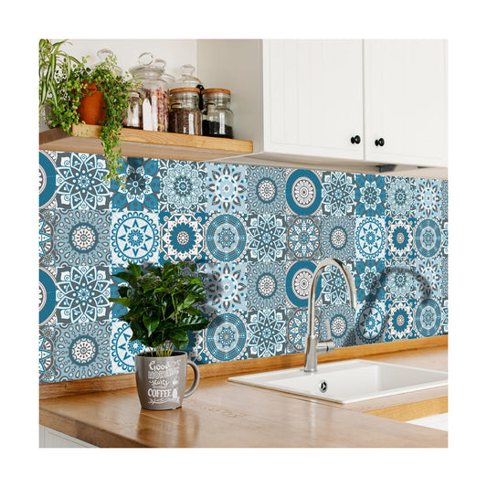 Decorative Vinyl Talavera Art Wall Tile / 6 x 6 / Cyan Mandala