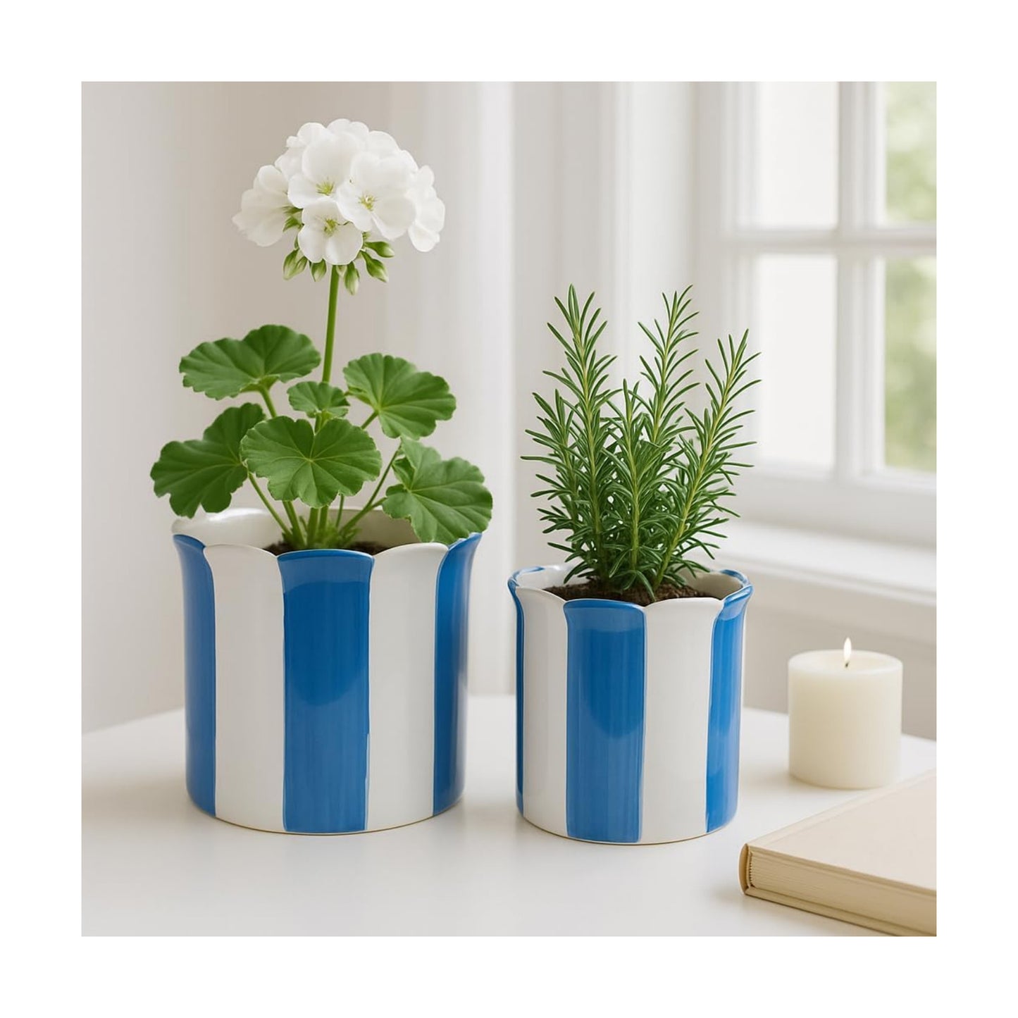 Flower Pots / Decorative Striped Scallop Edge Planters Accent / 7 Inches / Blue