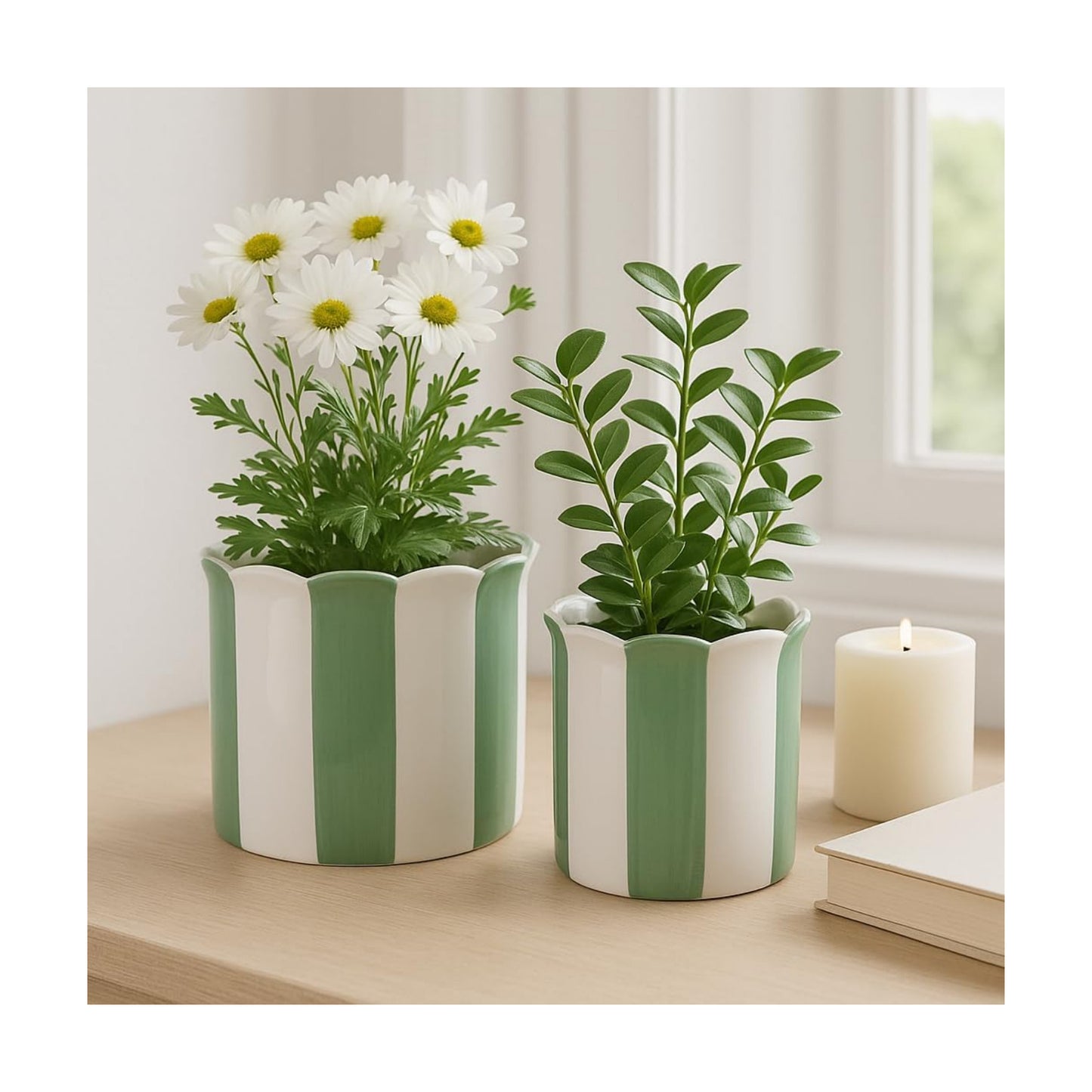 Ceramic Planter Pots / 6"L x 6"W x 6"H and 8"L x 8"W x 7"H / Green