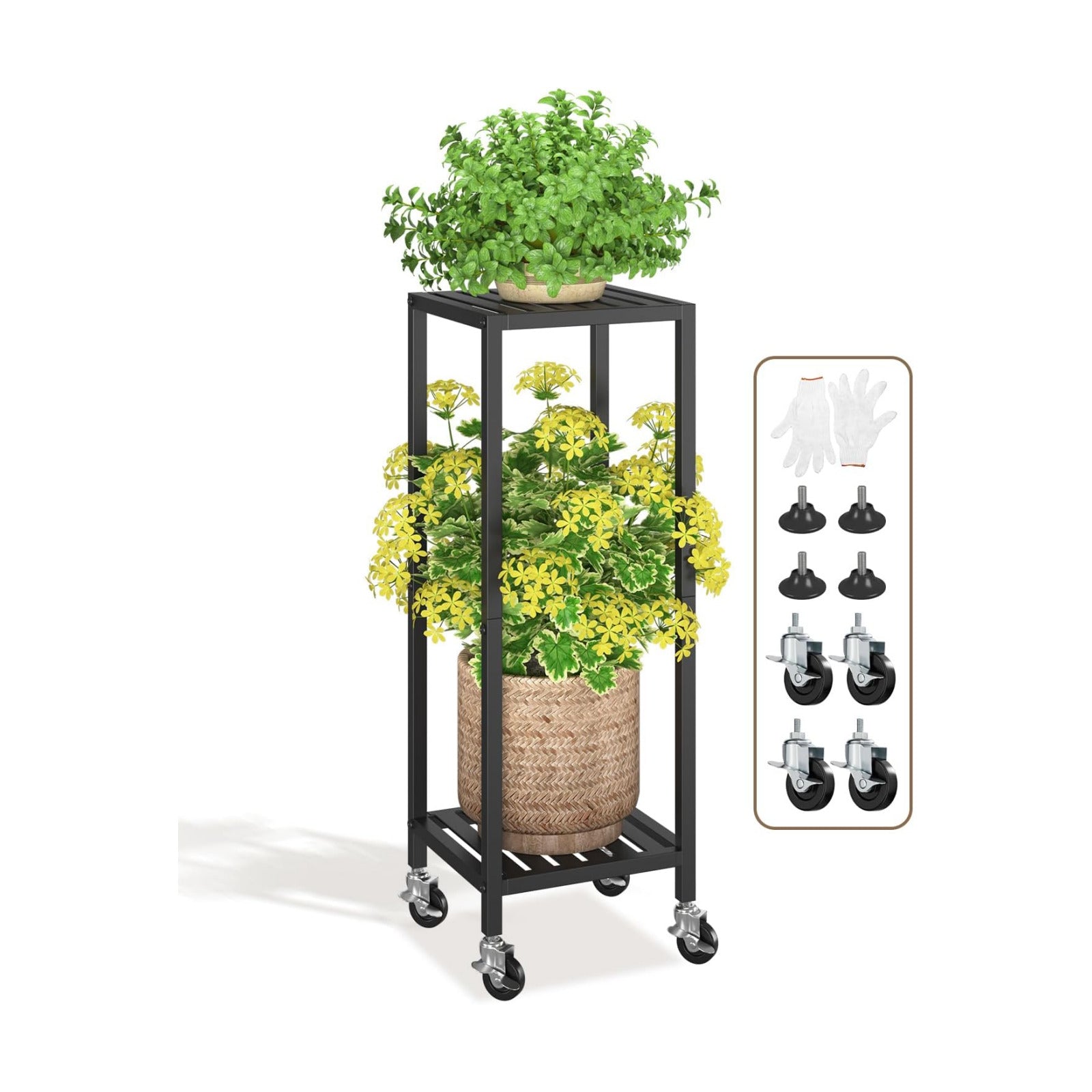 LASZOLA Plant Stand Shelf Indoor Outdoor Tall Corner, 2 Tier Metal Black | Iron Flower Holder with Wheels for Large