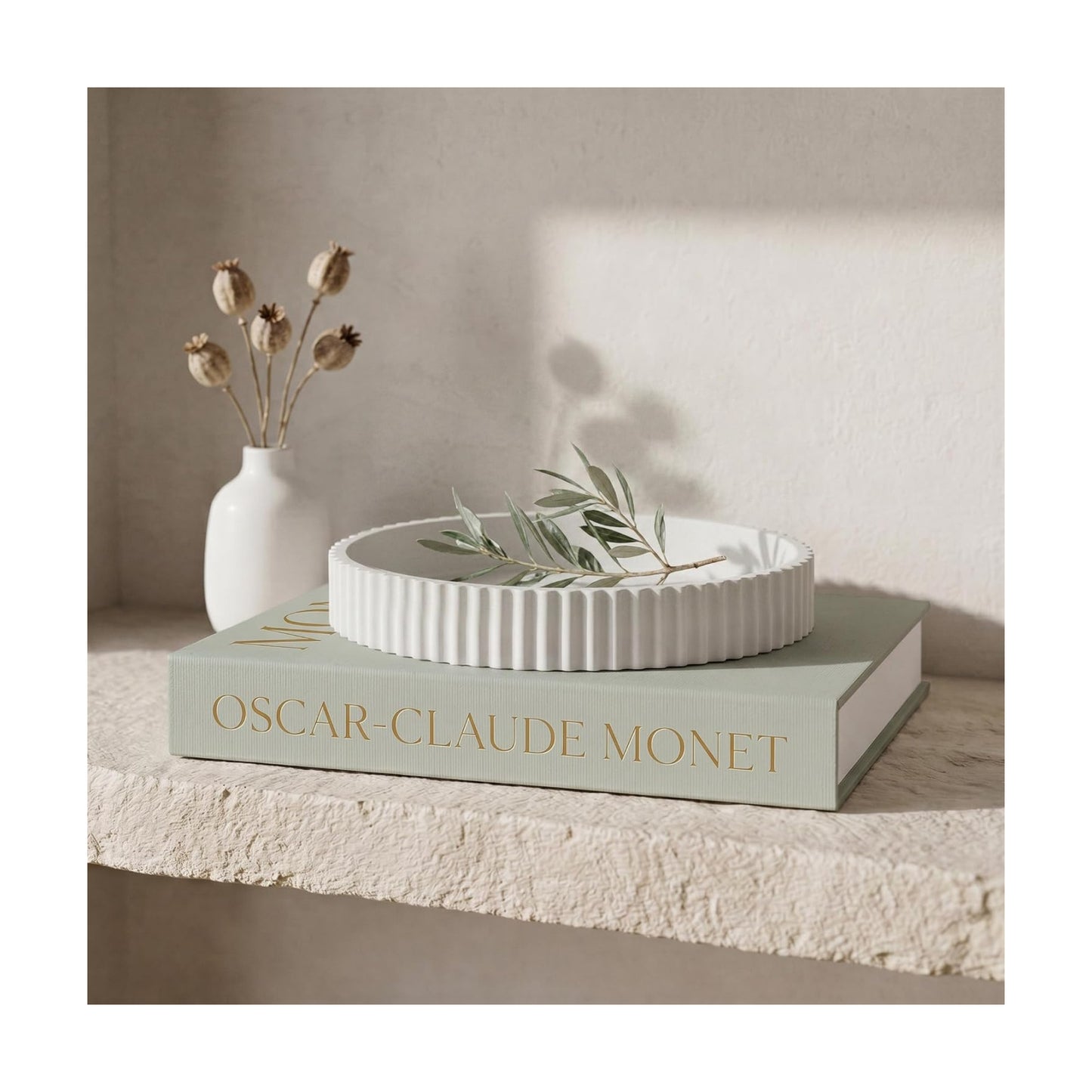 Scalloped Tray & Linen Box Coffee Table or Bookshelf Decor / Sage Green