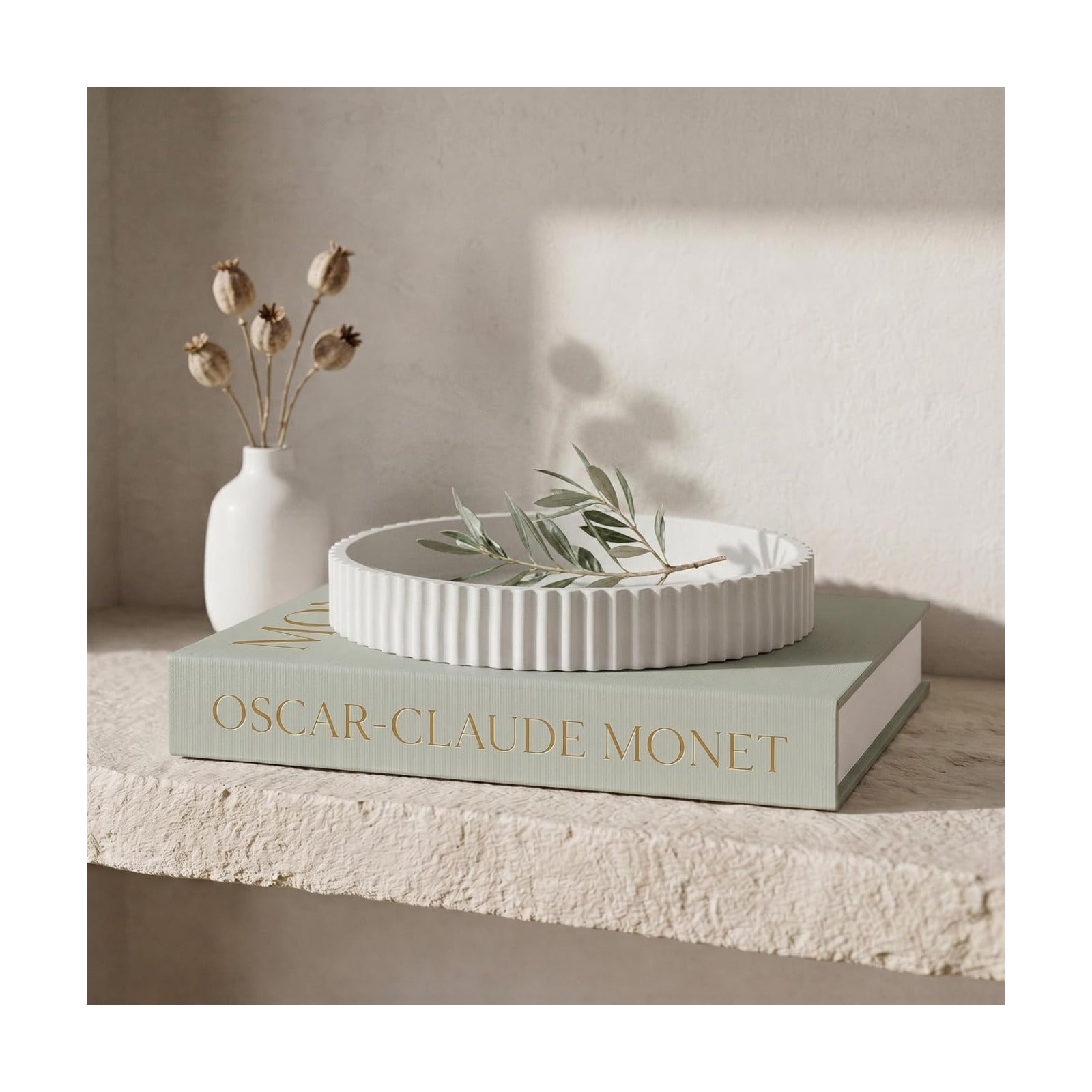 Scalloped Tray & Linen Box Coffee Table or Bookshelf Decor / Sage Green