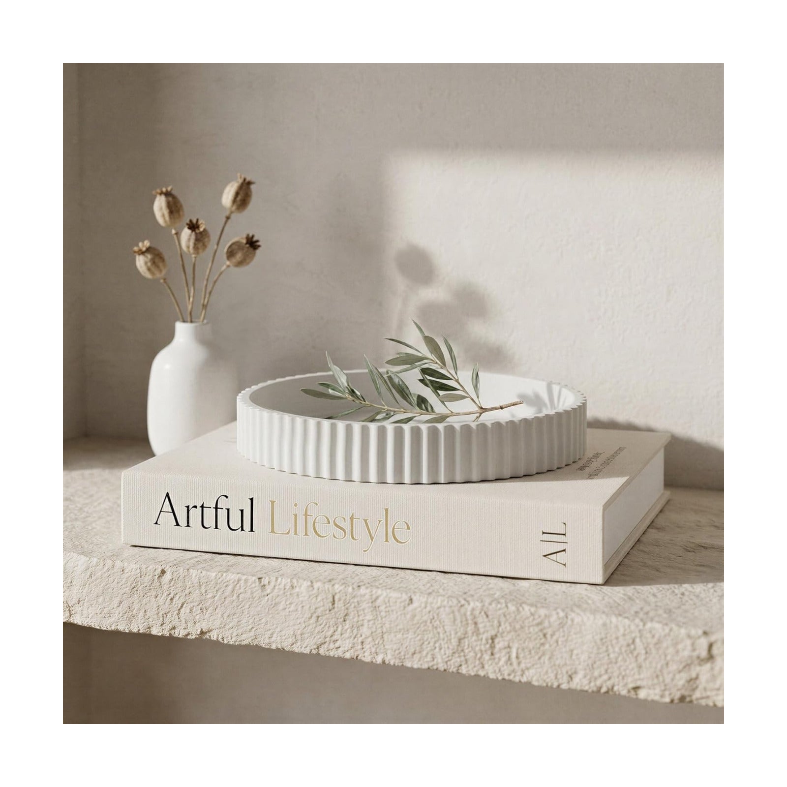 Scalloped Tray & Linen Box Coffee Table or Bookshelf Decor / Beige