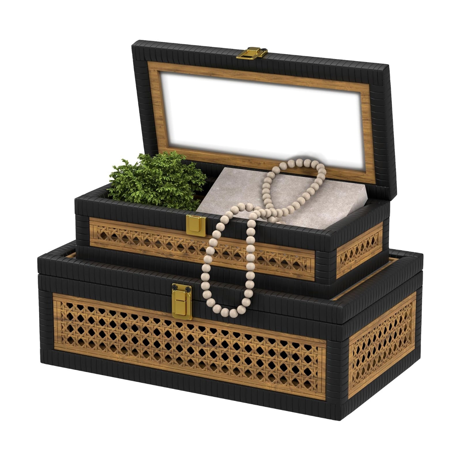 Boho Display Boxes / Khaki Stitching Black / Set of 2