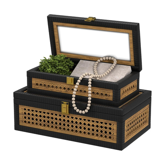 Boho Display Boxes / Khaki Stitching Black / Set of 2