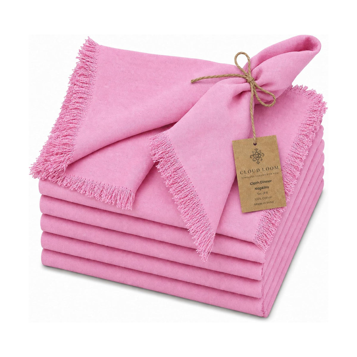 CLOUDLOOM 100% Cotton Fringe Cloth Napkins, Baby Pink, Set of 6, 20"x20"