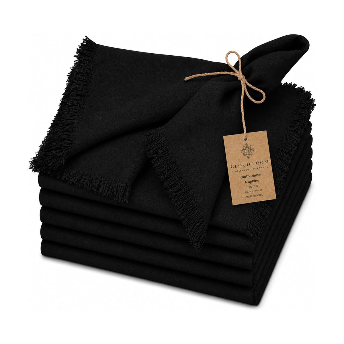 CLOUDLOOM 100% Cotton Fringe Cloth Napkins, Black, Set of 6, 20"x20"