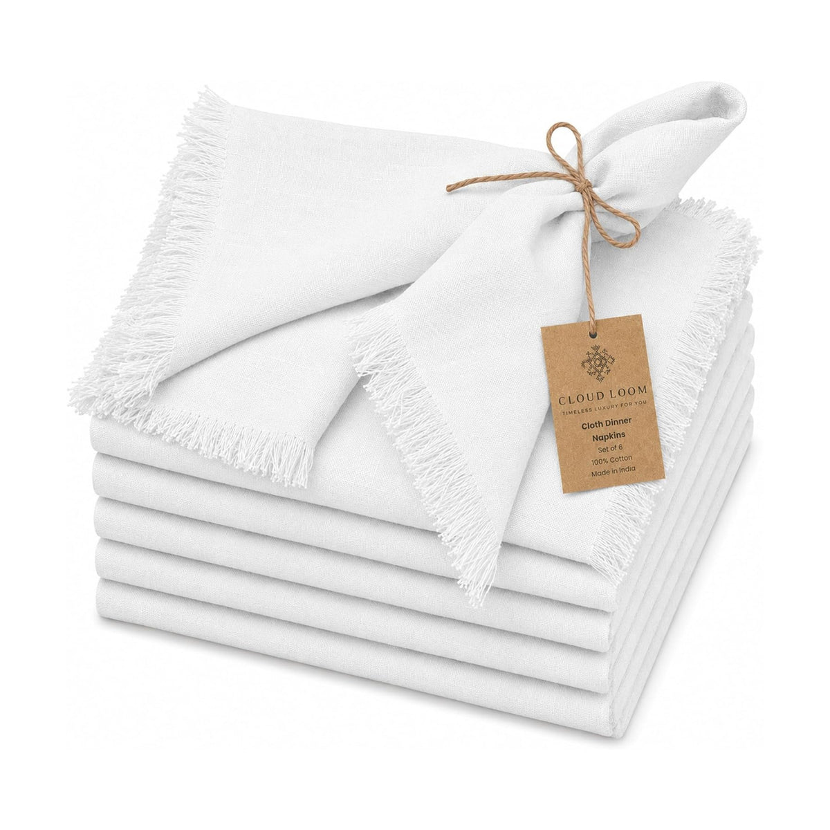 CLOUDLOOM 100% Cotton Fringe Cloth Napkins, White, Set of 6, 20"x20"
