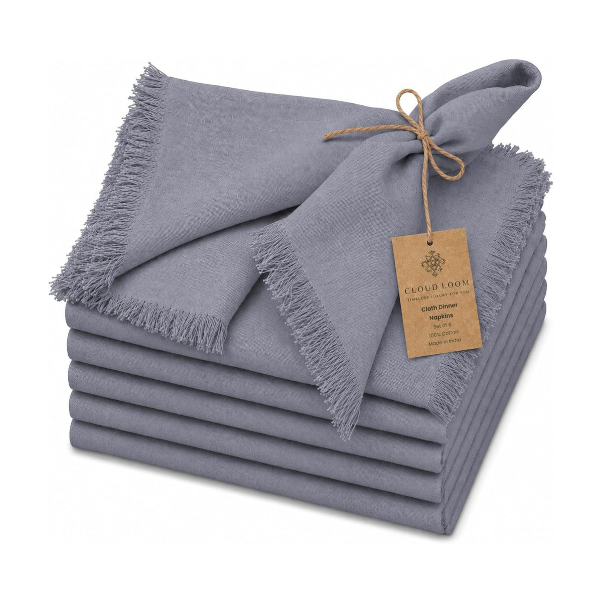 CLOUDLOOM 100% Cotton Fringe Cloth Napkins, Dark Grey, Set of 6, 20"x20"