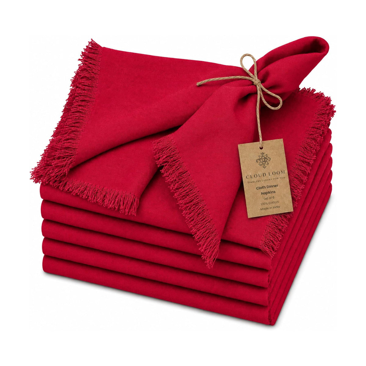 CLOUDLOOM 100% Cotton Fringe Cloth Napkins, Red, Set of 6, 20"x20"