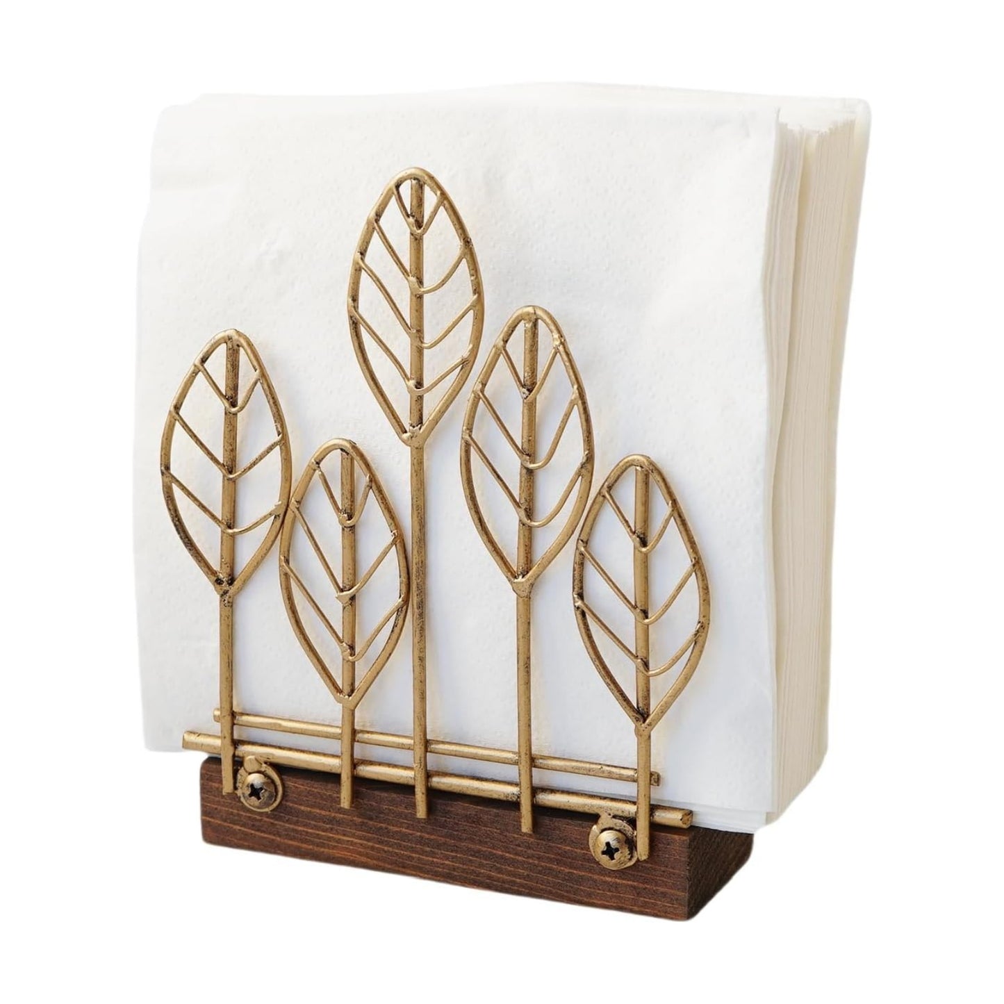 Wooden Base Metal Wrought Iron Vertical Napkin Holder Golden Mini Tree-Shaped Tissue Holder