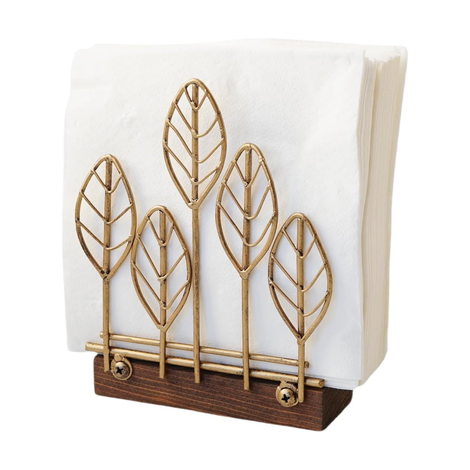 Wooden Base Metal Wrought Iron Vertical Napkin Holder Golden Mini Tree-Shaped Tissue Holder
