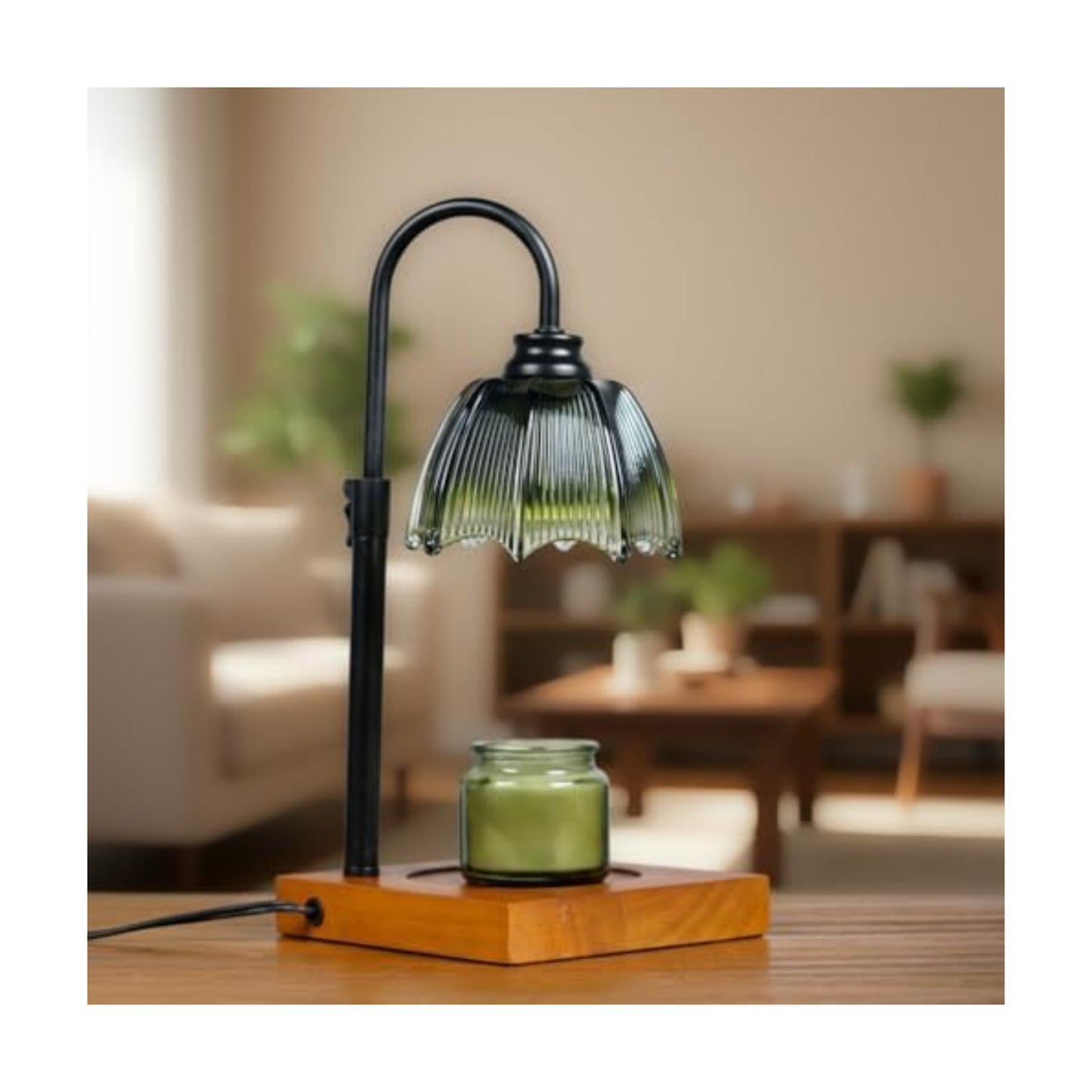 Candle Warmer Lamp for Jar Candles with Timer, Dimmer & 2 Bulbs | Petal Glass Shade, Rubber Wood Base, Adjustable