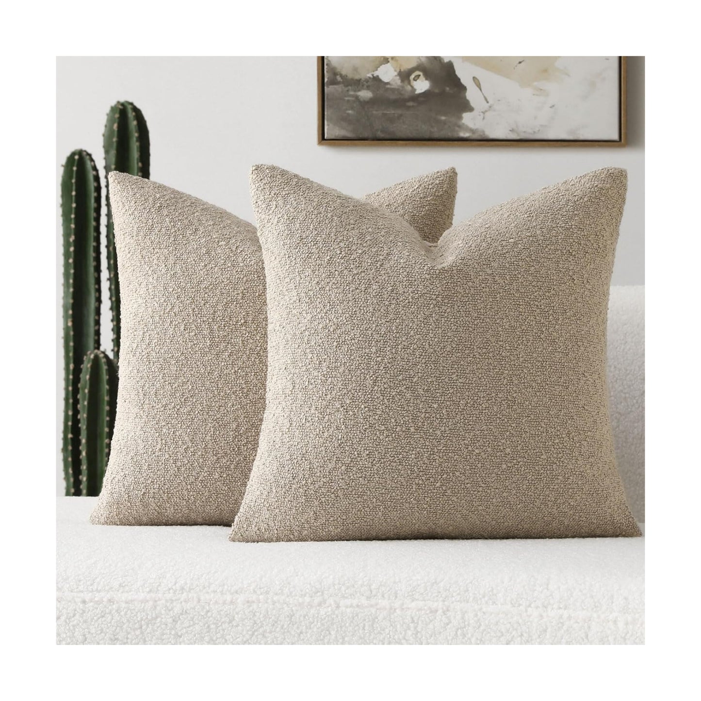 Decorative Throw Pillow Covers Soft Solid Boucle Textured Cushion / Oatmeal / 18 x 18 / Set of 2