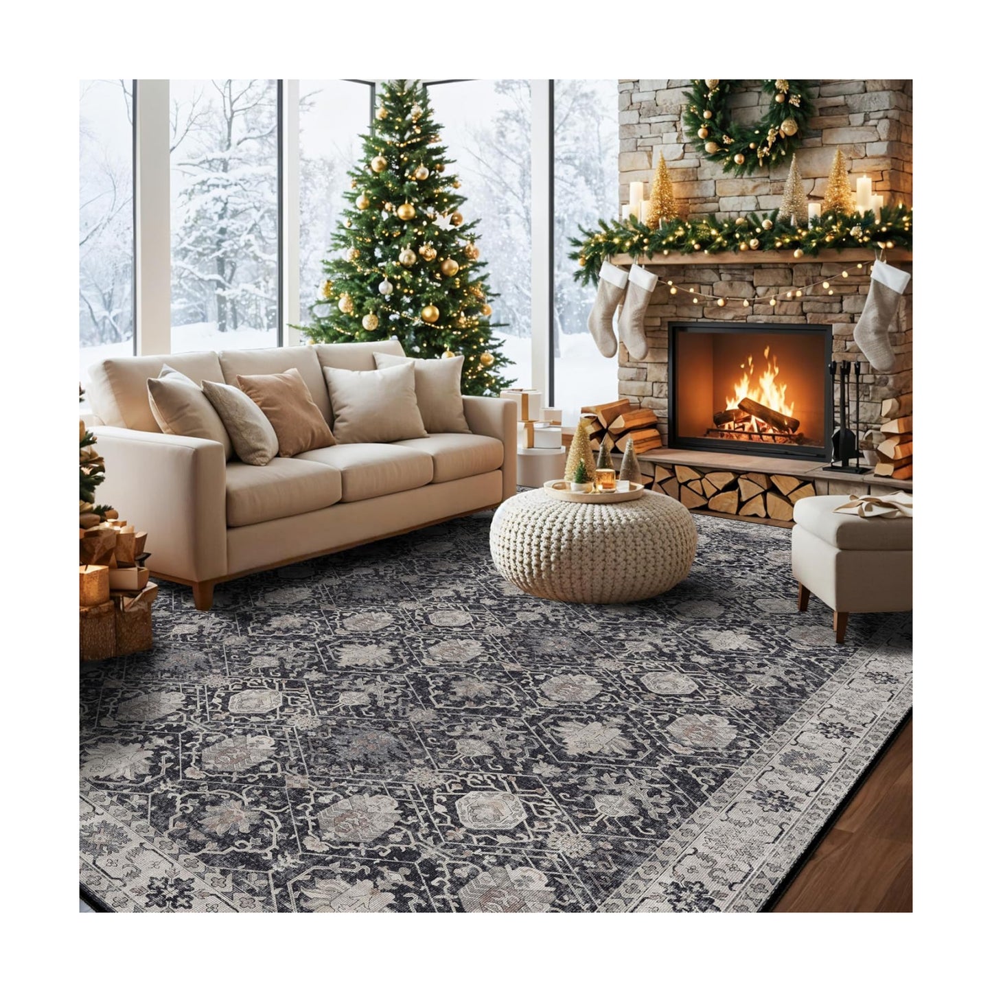 Vintage 10x14 Washable Area Rug: Large Living Room Rugs Indoor Soft Stain Resistant Carpet with Non-Slip Backing for