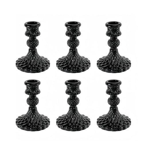 Black Glass Candlestick Holders, Taper Candle Holders, Set of 6