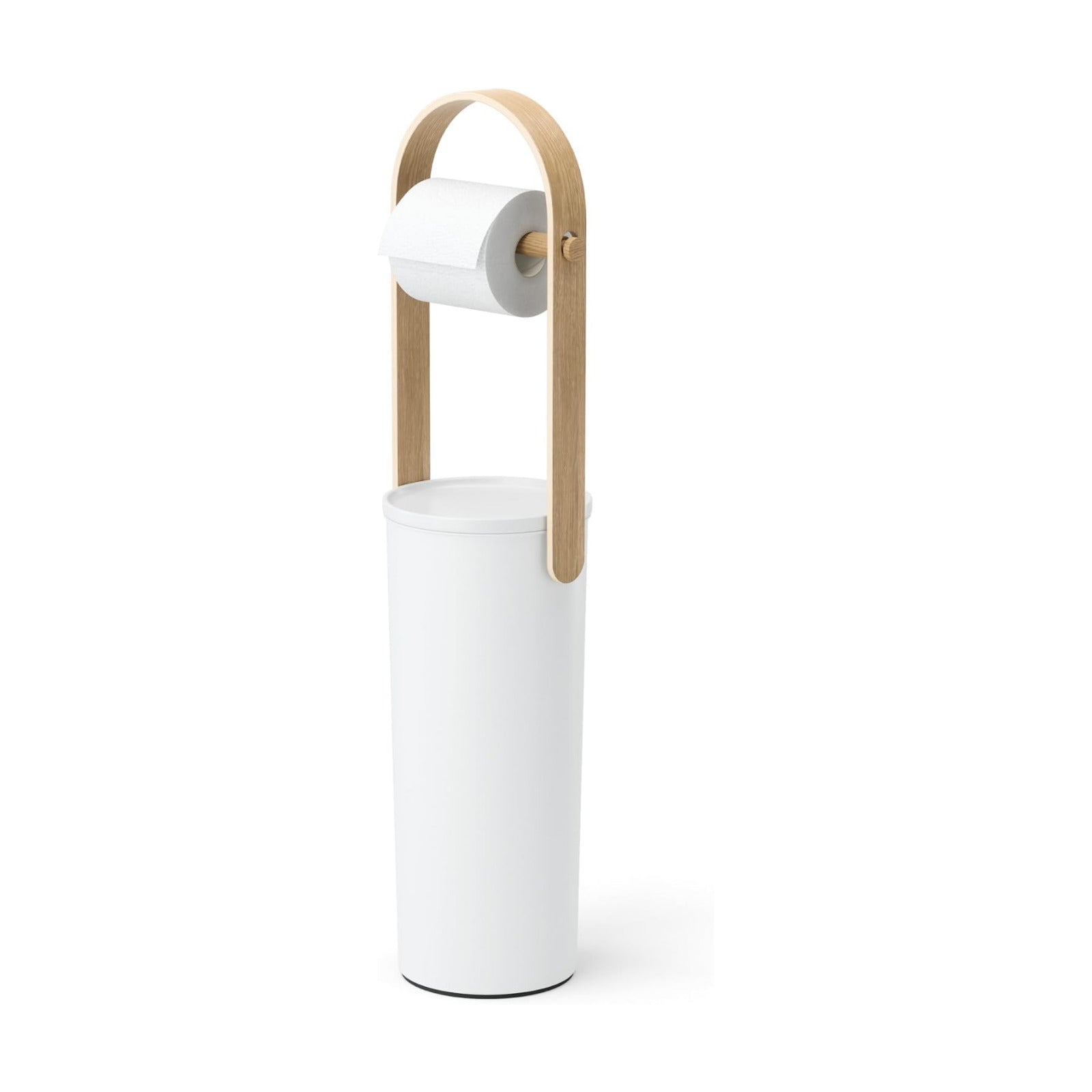 Umbra Bellwood Toilet Paper Holder, with Storage, 3 Rolls, White/Natural | Wood accents, compact for small spaces