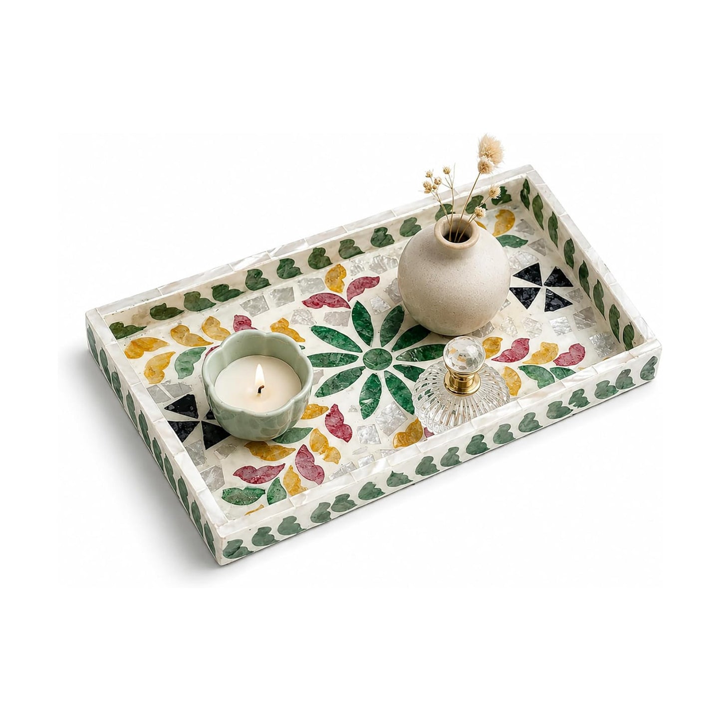 Mother of Pearl Inlay Wooden Tray / Colorful Leaves